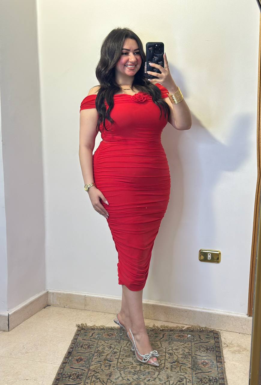 The Rose-Accented Off-Shoulder Midi Dress