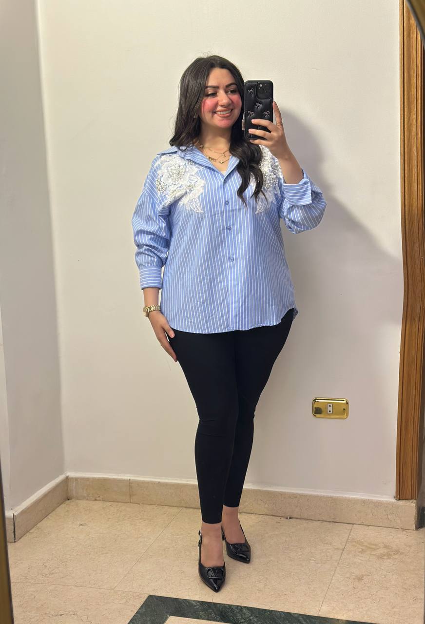 Elegant Striped Button-Down Shirt with Lace & Pearl Embellishments