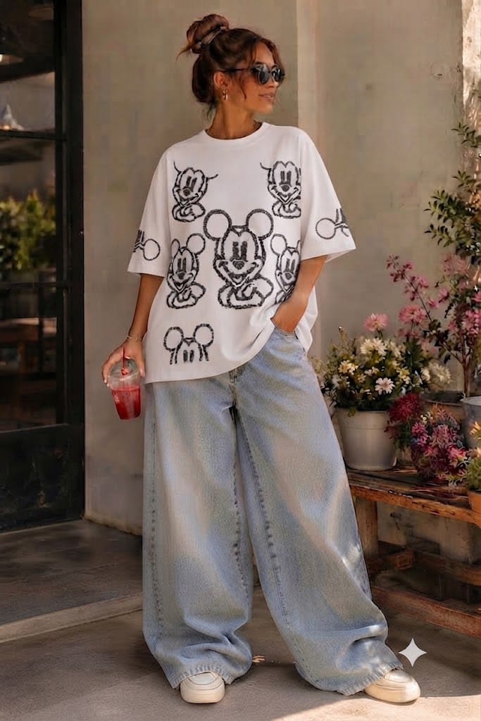 Oversized Rhinestone Mickey Face Graphic T-Shirt – Casual Statement Tee