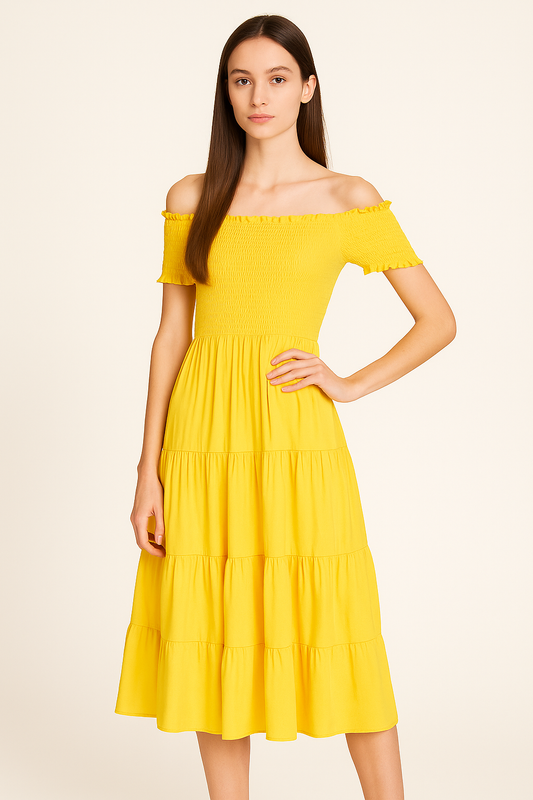 Off-Shoulder Smocked Midi Dress