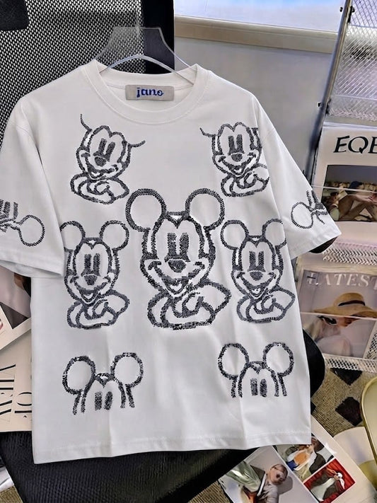 Oversized Rhinestone Mickey Face Graphic T-Shirt – Casual Statement Tee