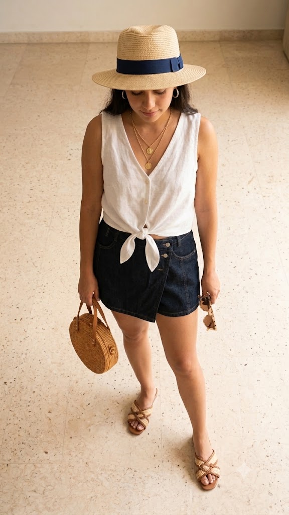 High-Waisted Denim Wrap Skort