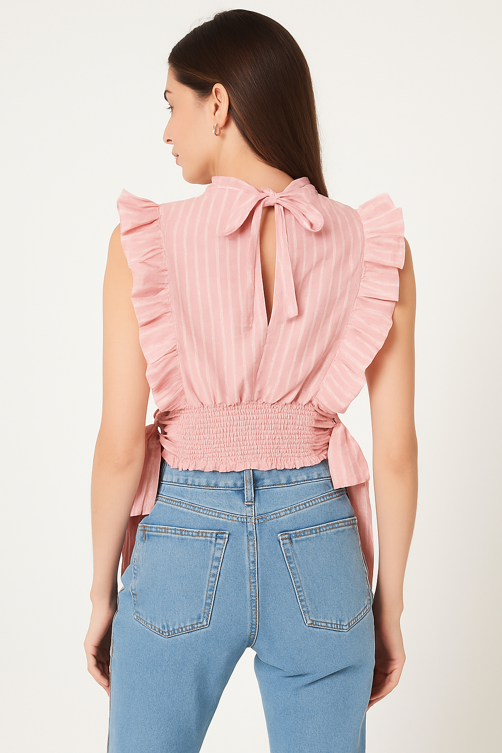 Striped Ruffle Sleeve Smocked Waist Blouse