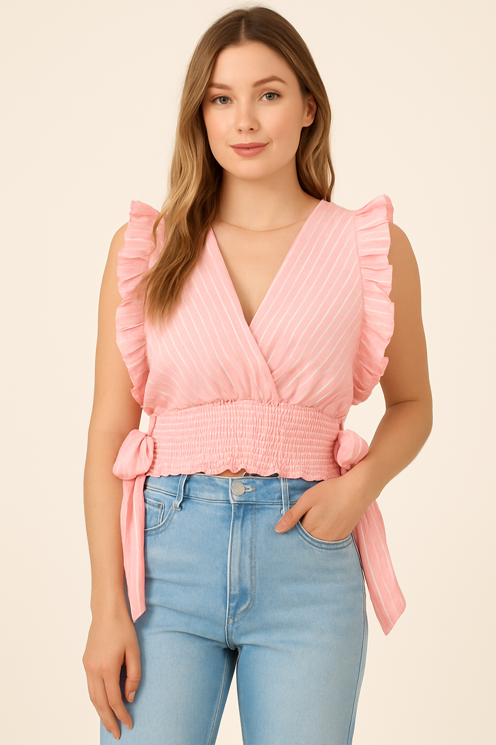 Striped Ruffle Sleeve Smocked Waist Blouse