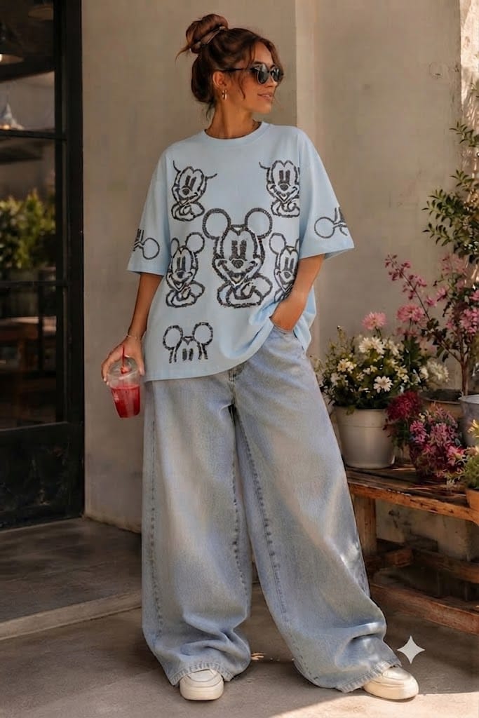 Oversized Rhinestone Mickey Face Graphic T-Shirt – Casual Statement Tee