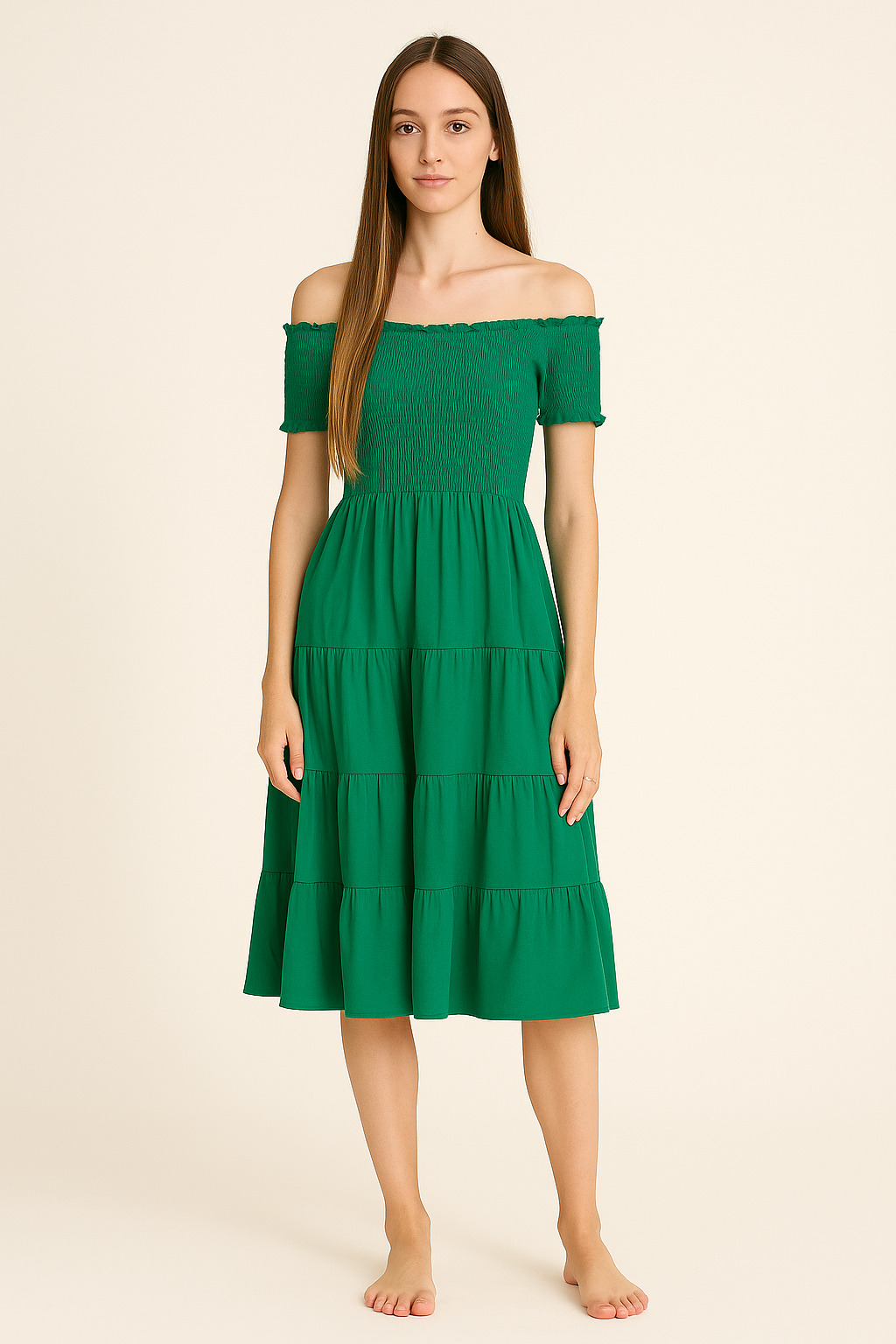 Off-Shoulder Smocked Midi Dress