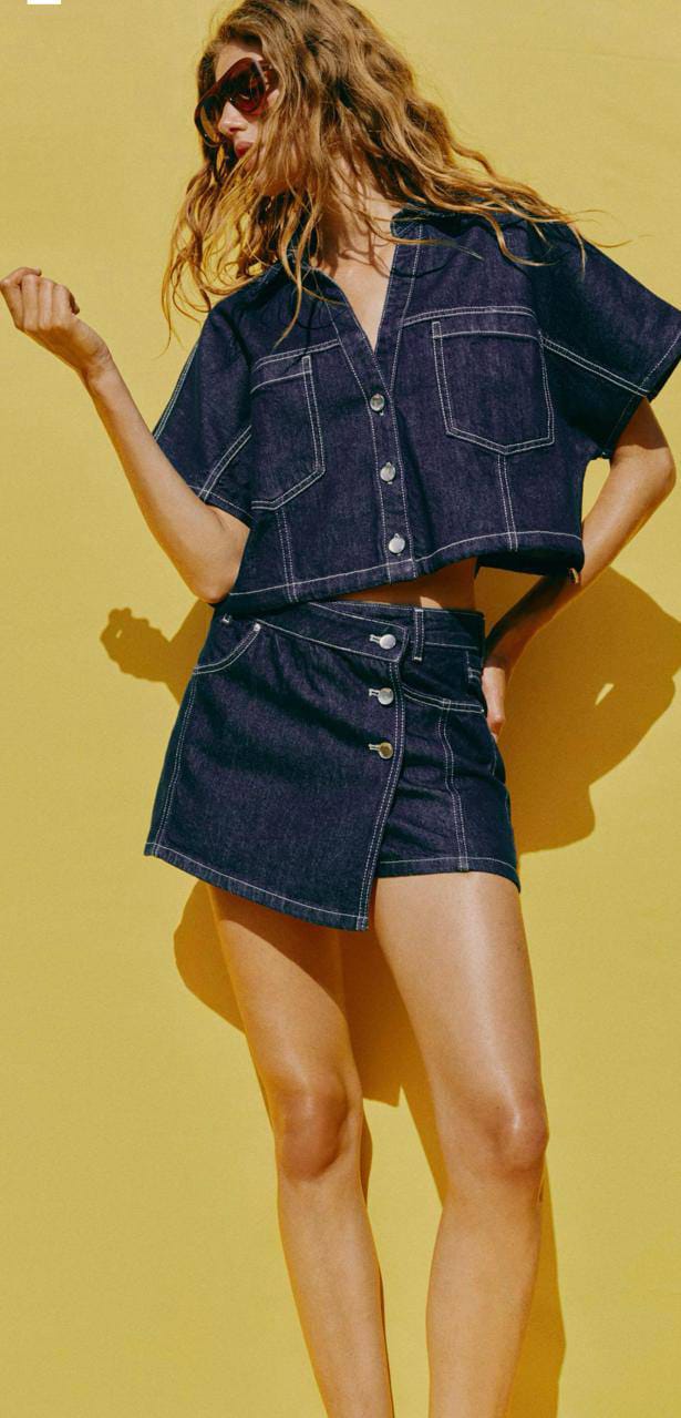High-Waisted Denim Wrap Skort