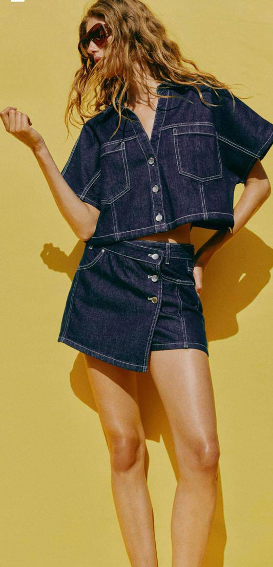 High-Waisted Denim Wrap Skort