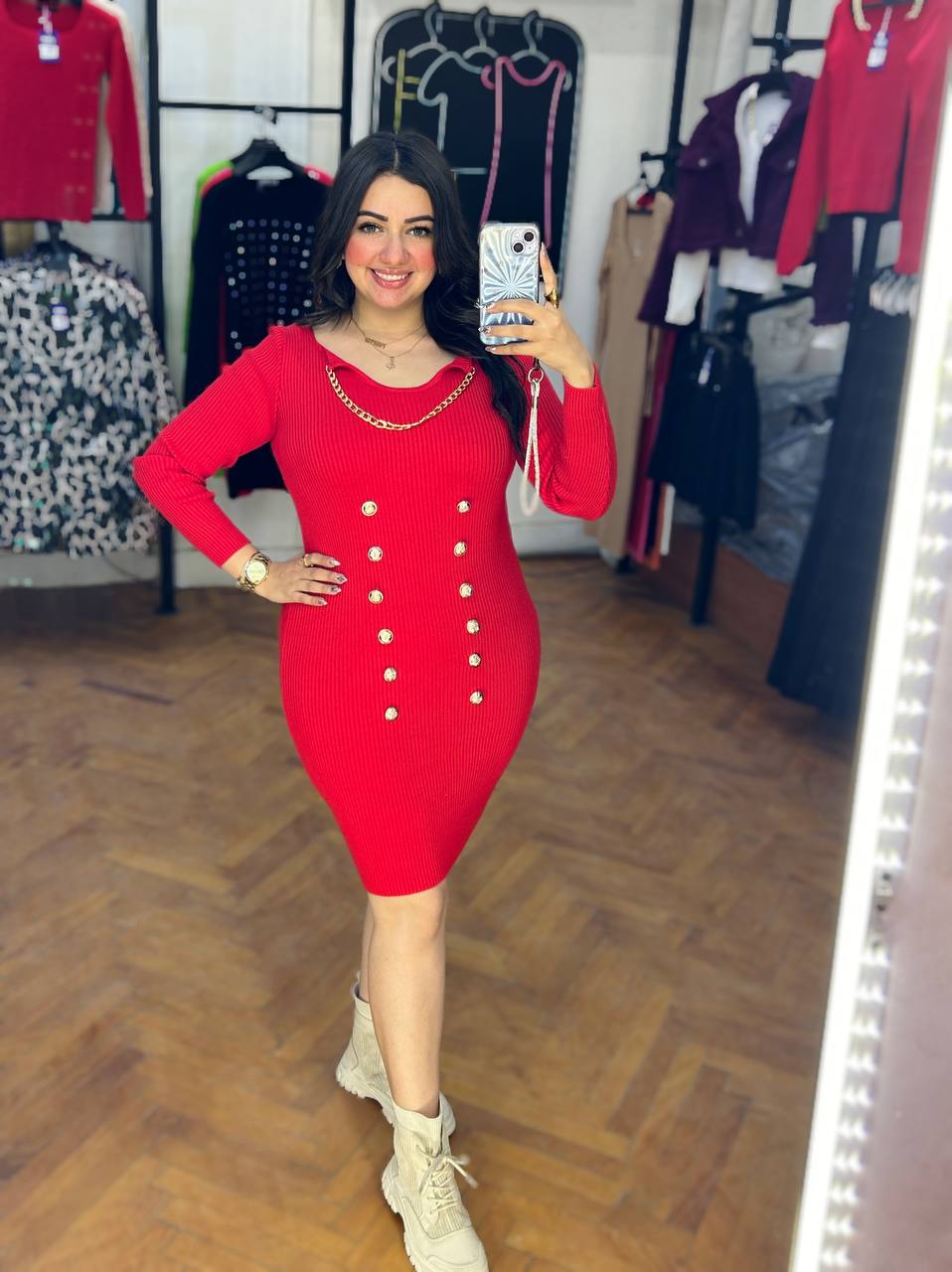 Gold button knitting dress