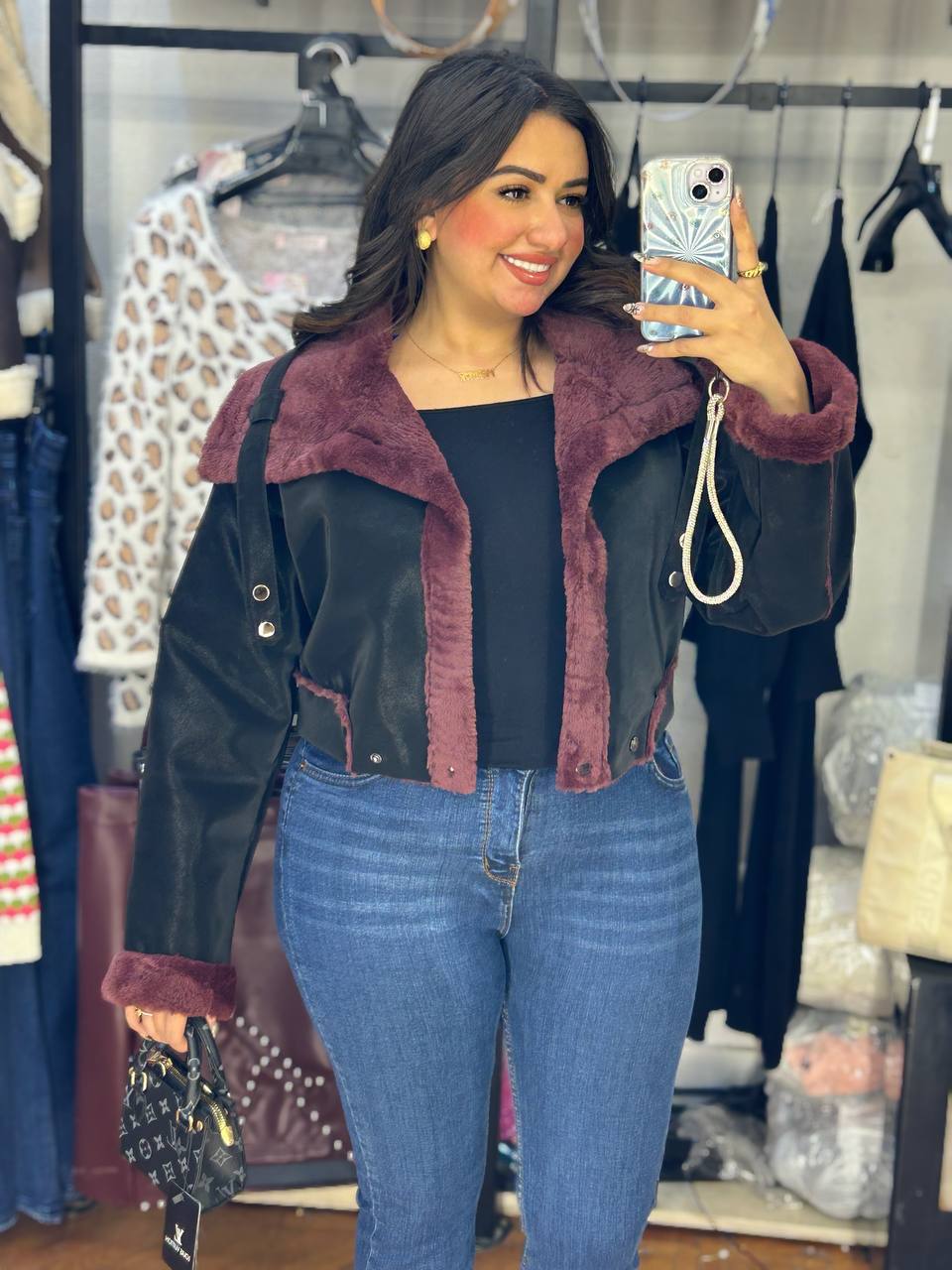 burgundy fur short leather jacket