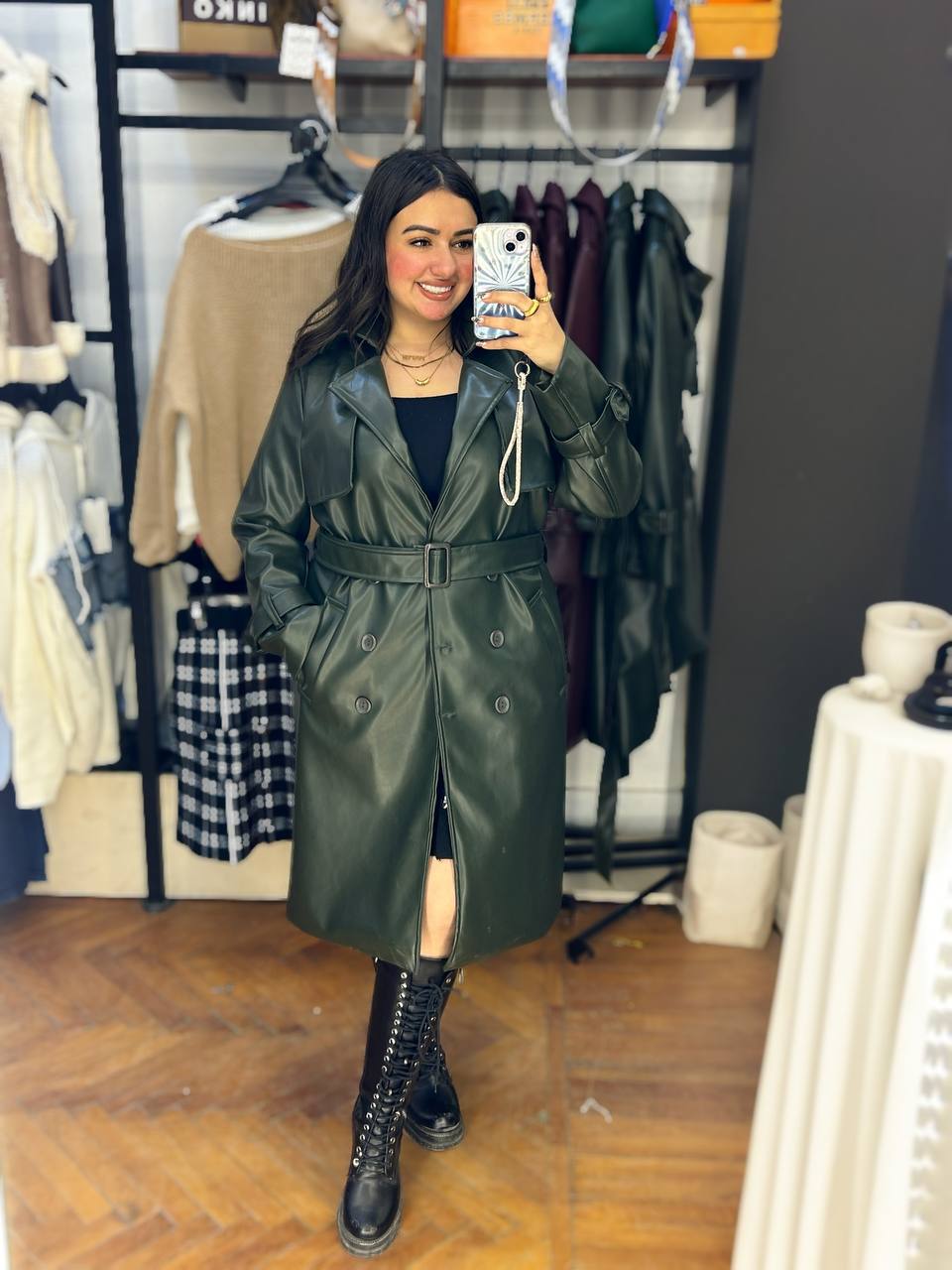 trendy leather trench coat