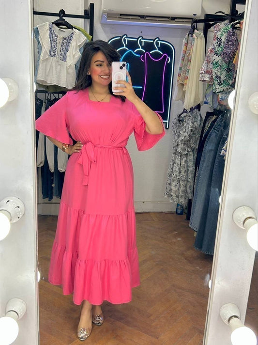 فستان طويل سادة بأكمام قصيرة
