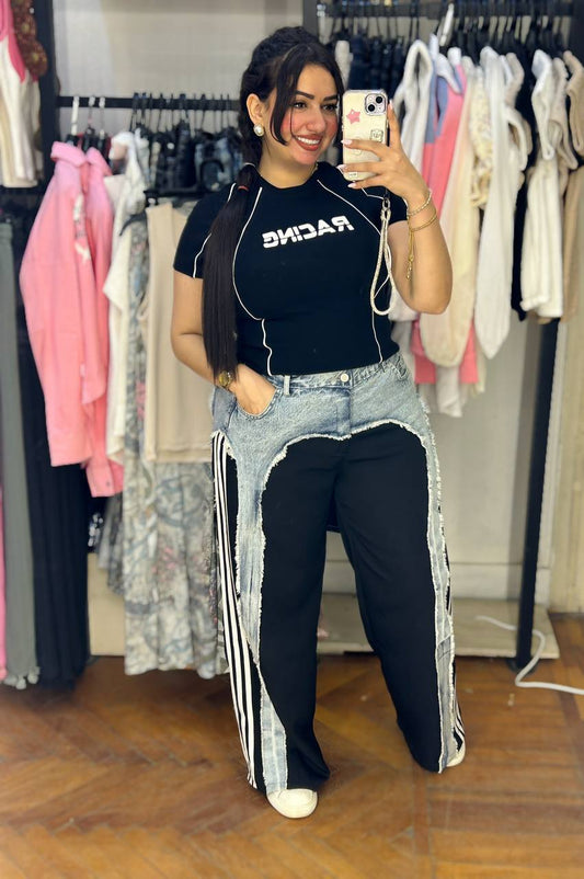 Striped Wide-Leg Denim Pants