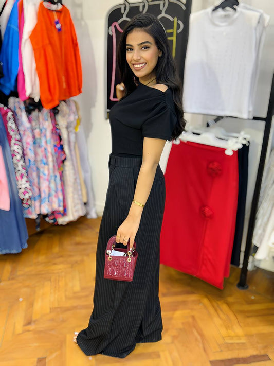 Striped High-Waisted Wide-Leg Formal Pants