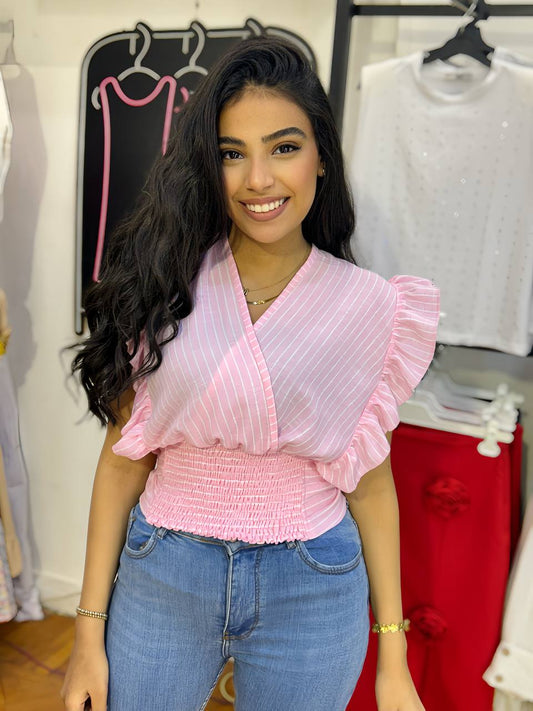 Striped Ruffle Sleeve Smocked Waist Blouse
