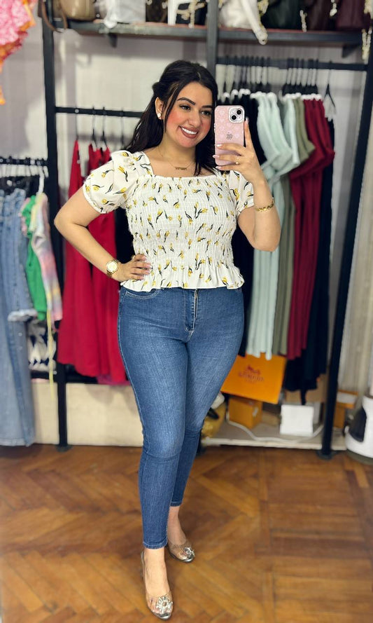 Smocked Square‑Neck Floral Blouse