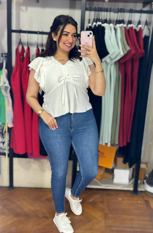 Ruffle Sleeve Textured Blouse with Front Tie