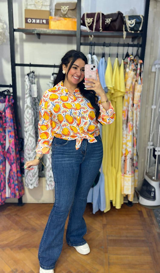 Tropical Fruit & Beverage Graphic Button‑Down Shirt
