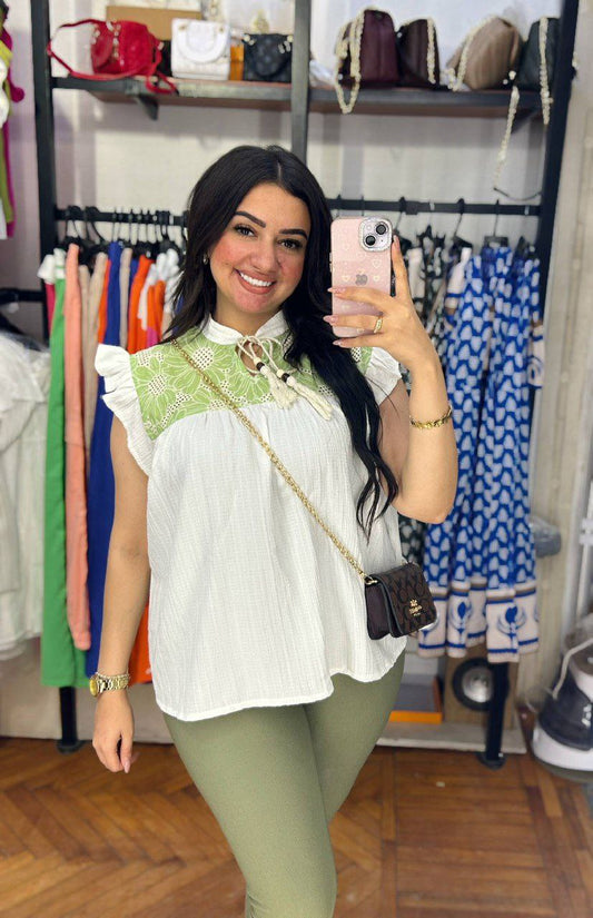 Elegant Half-Sleeve Blouse with Chest Rokama Detail