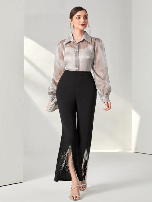 Front-Slit Flared Leggings with Chains – Bold & Trendy