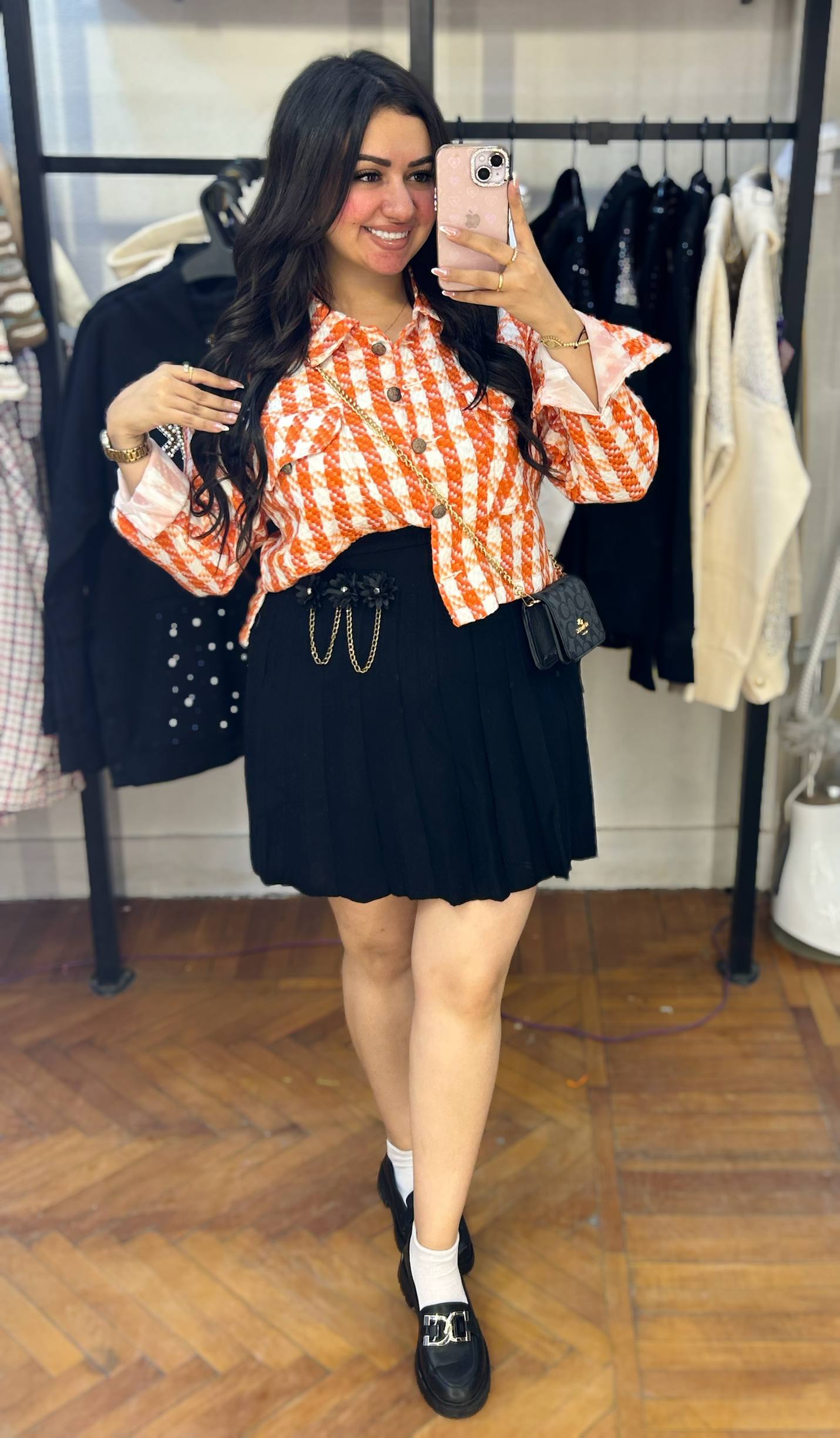 Checkered Short Jacket with Front Buttons