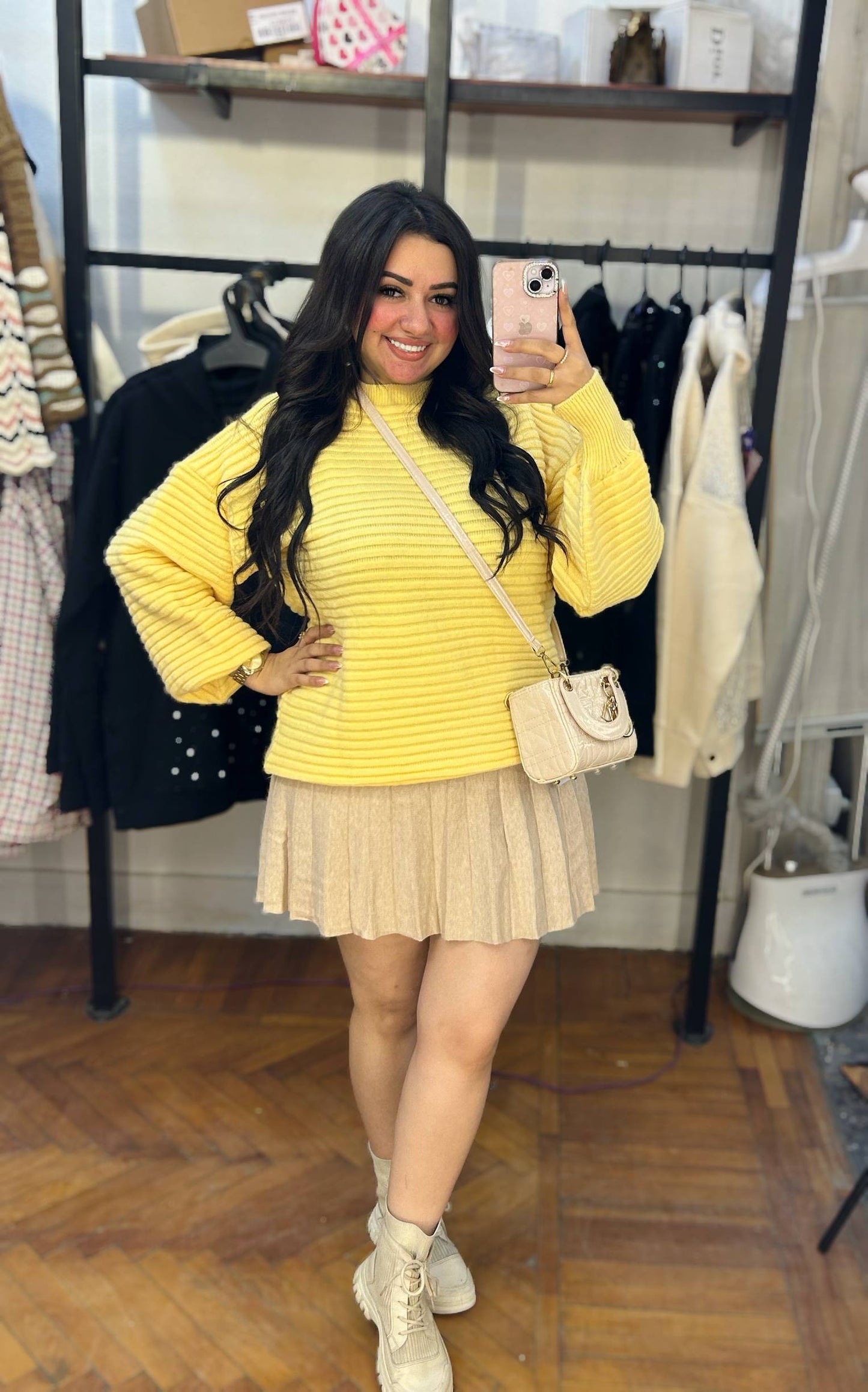 Ribbed Knit Sweater with Balloon Sleeves