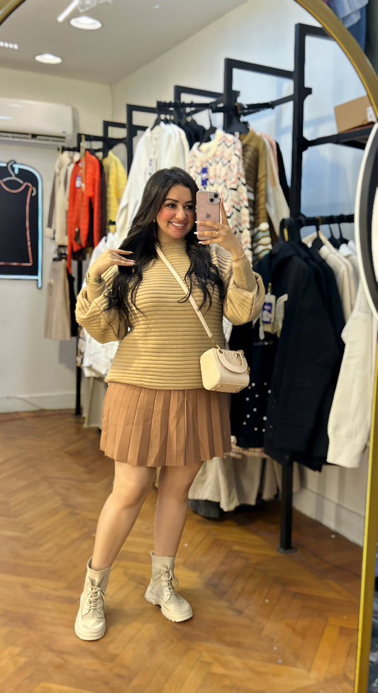 Ribbed Knit Sweater with Balloon Sleeves