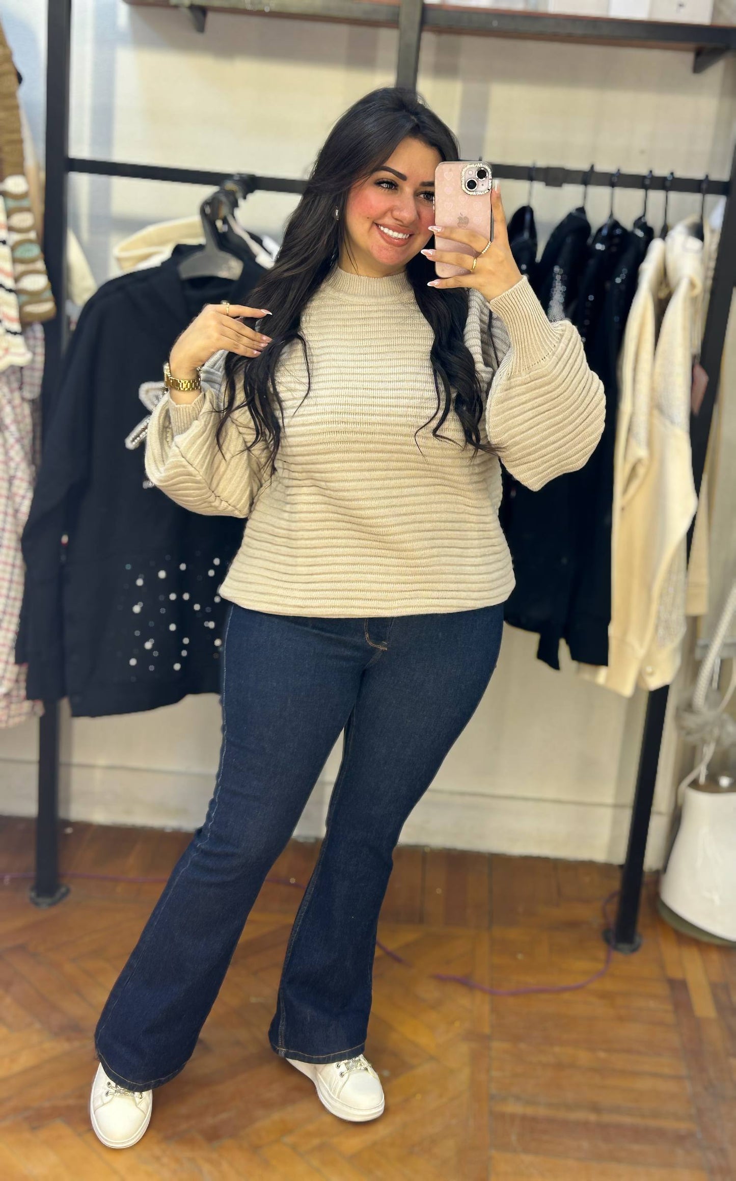 Ribbed Knit Sweater with Balloon Sleeves