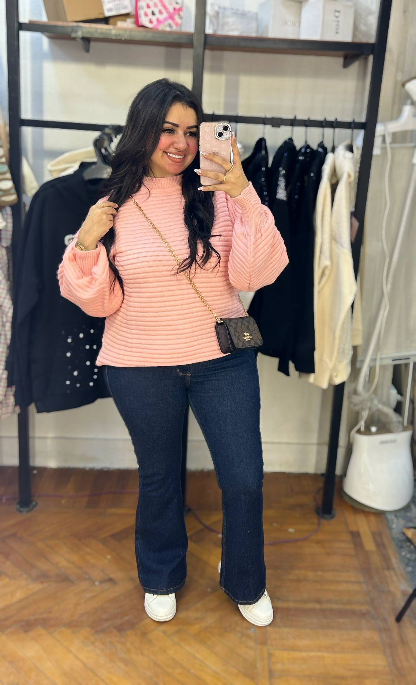 Ribbed Knit Sweater with Balloon Sleeves