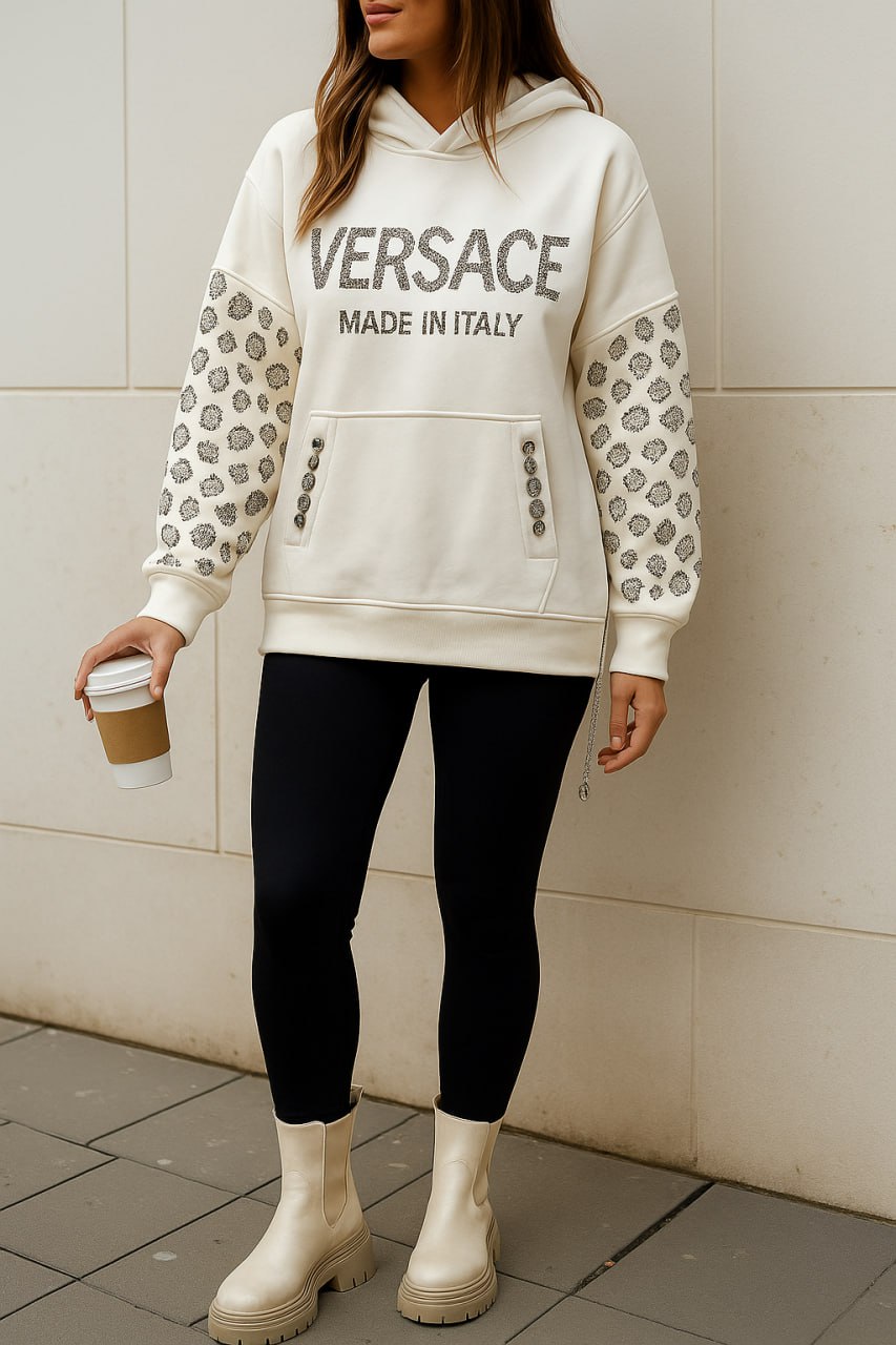 Embellished Logo Hoodie with Patterned Sleeves