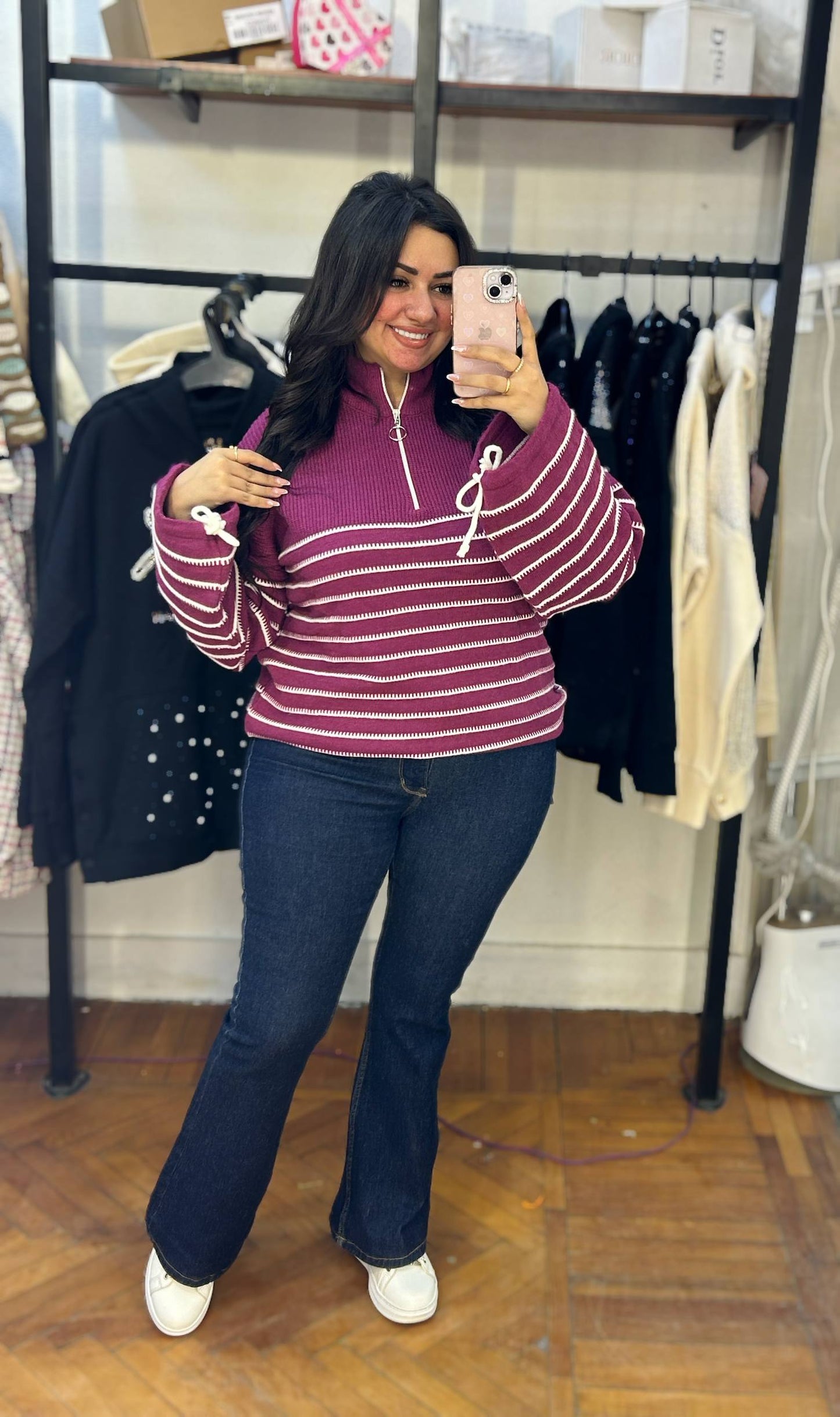 Striped Pullover with Sleeve Ribbon Details