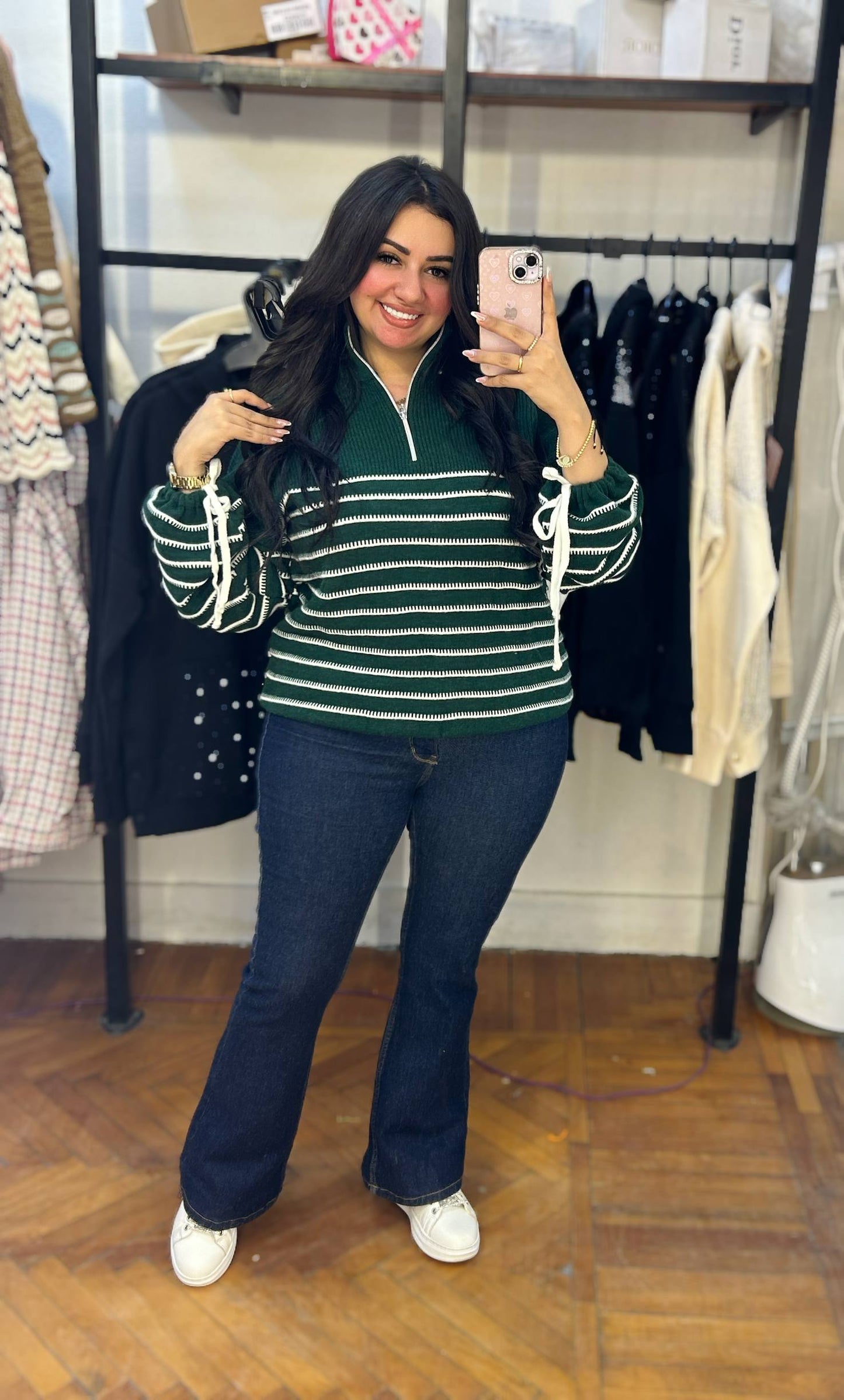 Striped Pullover with Sleeve Ribbon Details