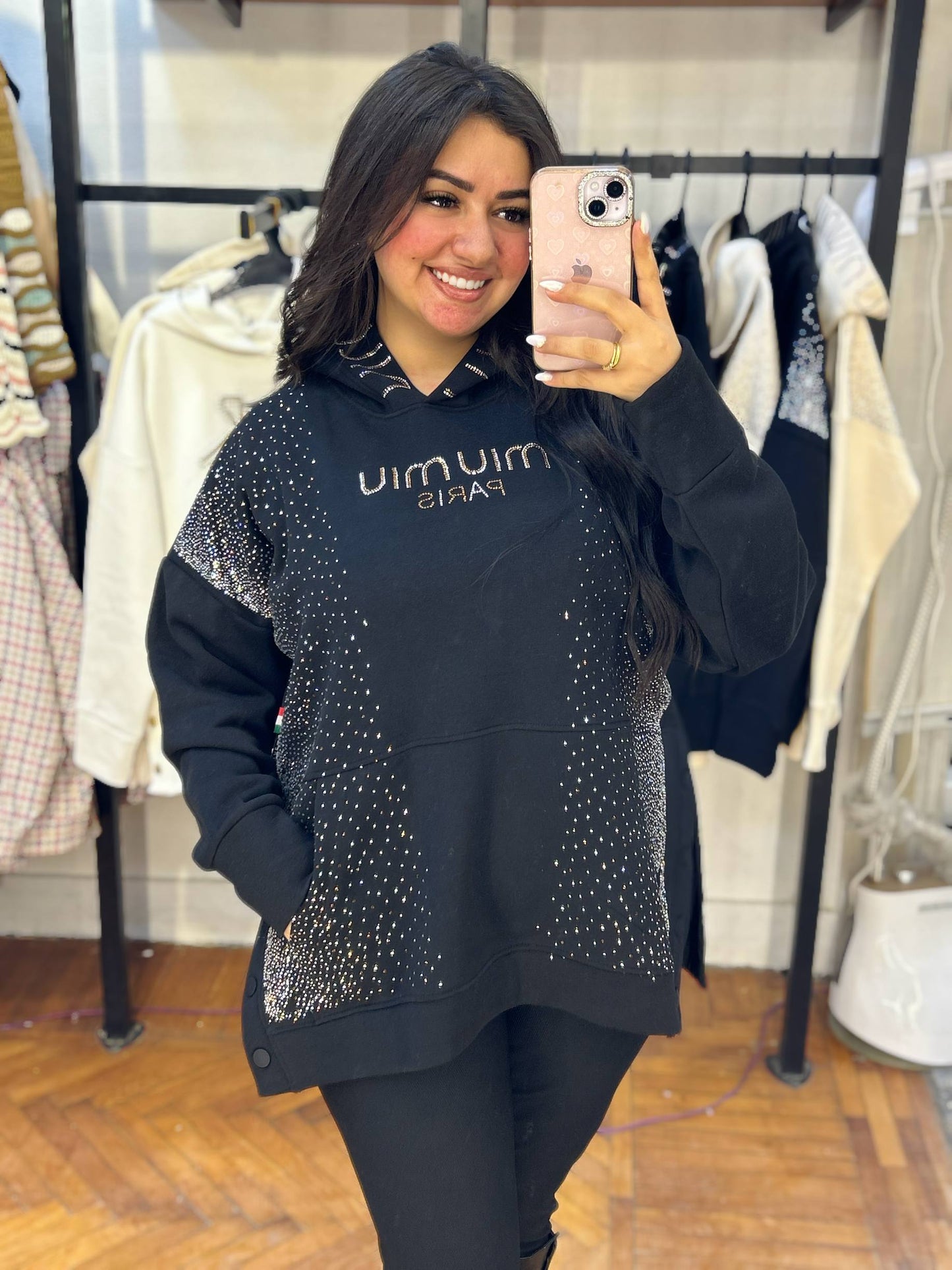 Embellished Hoodie with Front Pocket