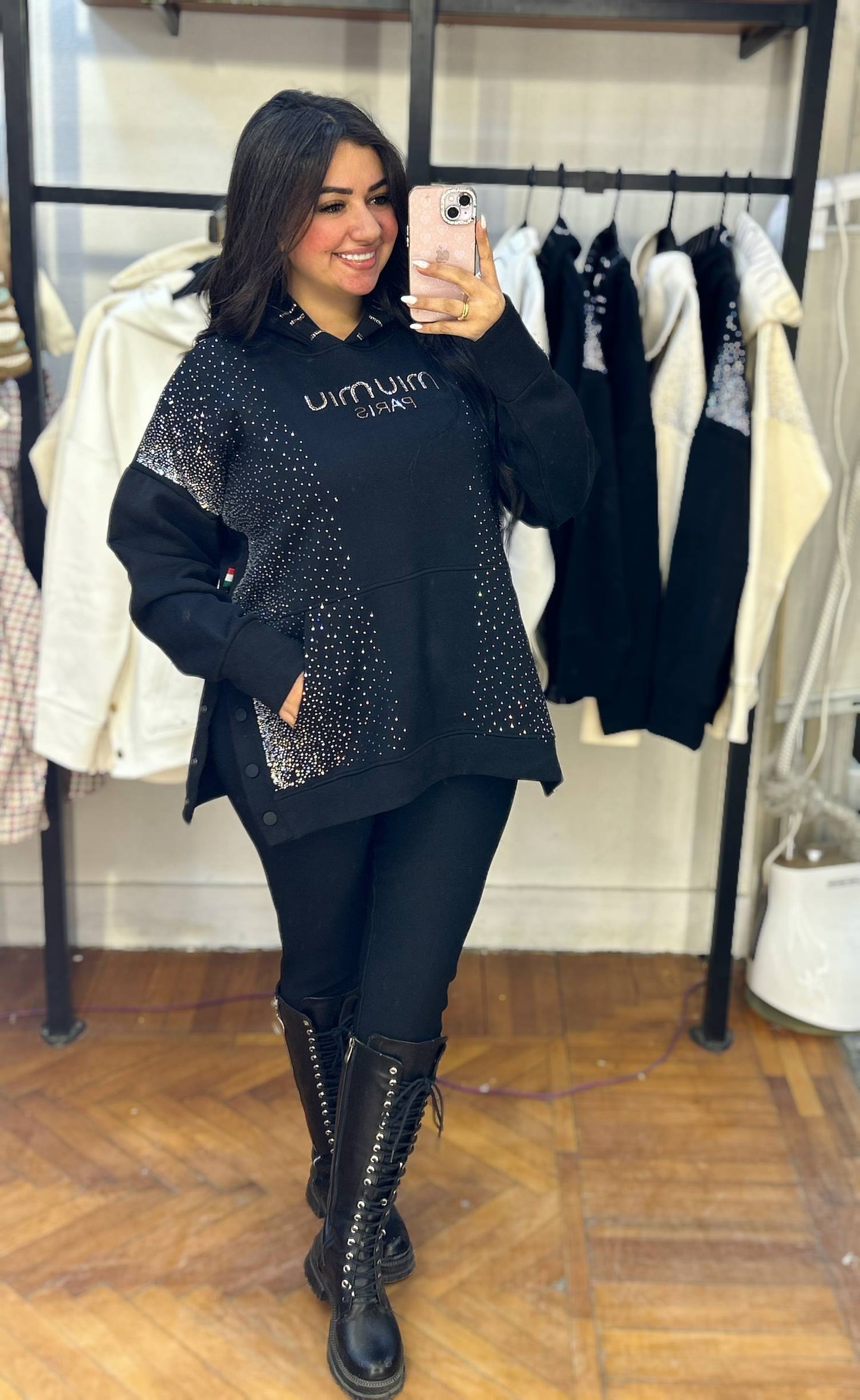 Embellished Hoodie with Front Pocket