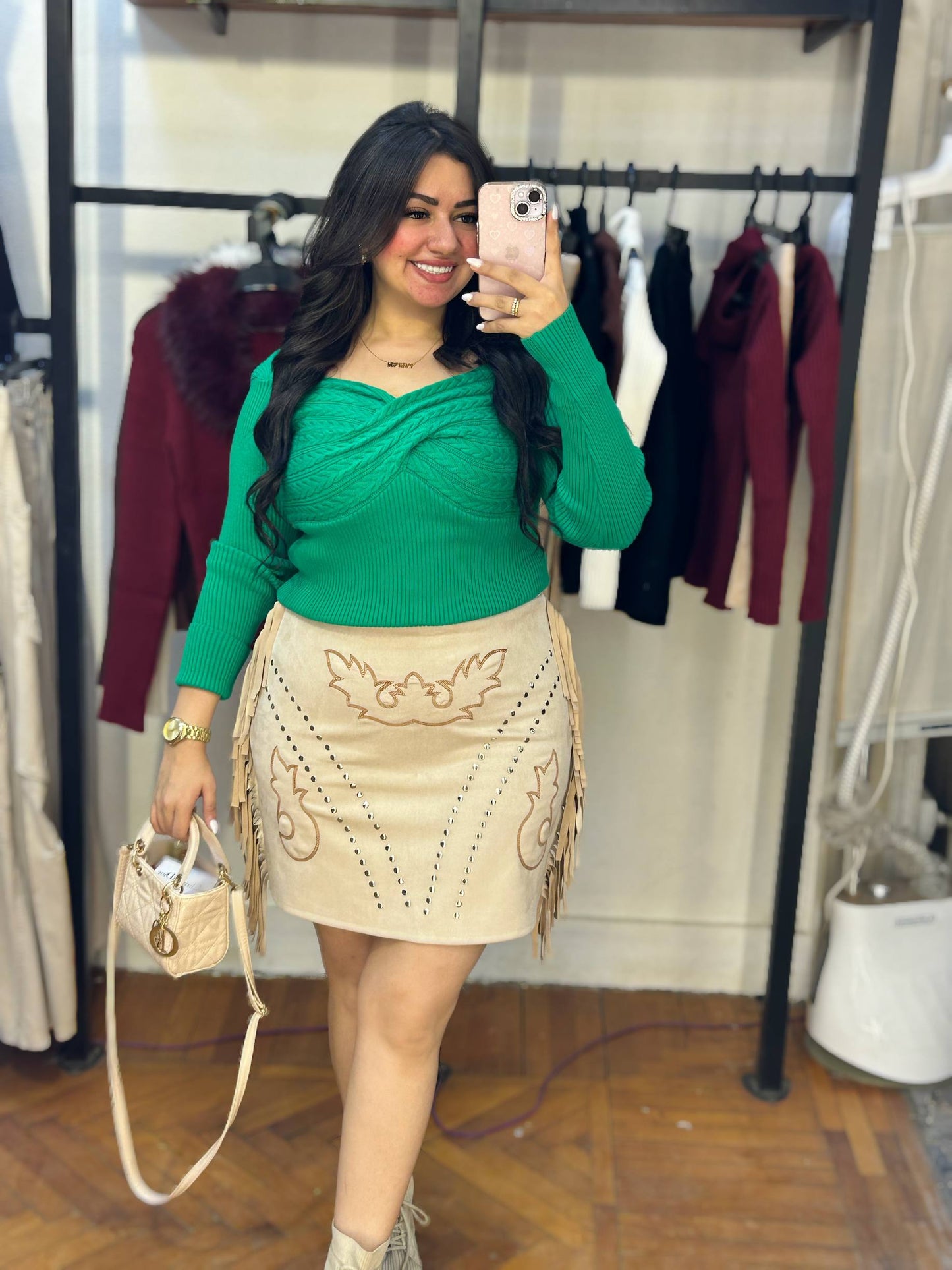short Skirt with Embroidery and Side Fringes