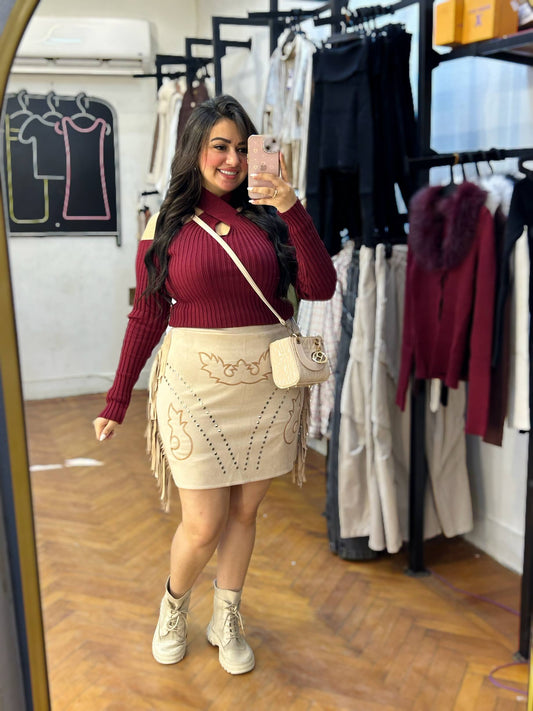 short Skirt with Embroidery and Side Fringes