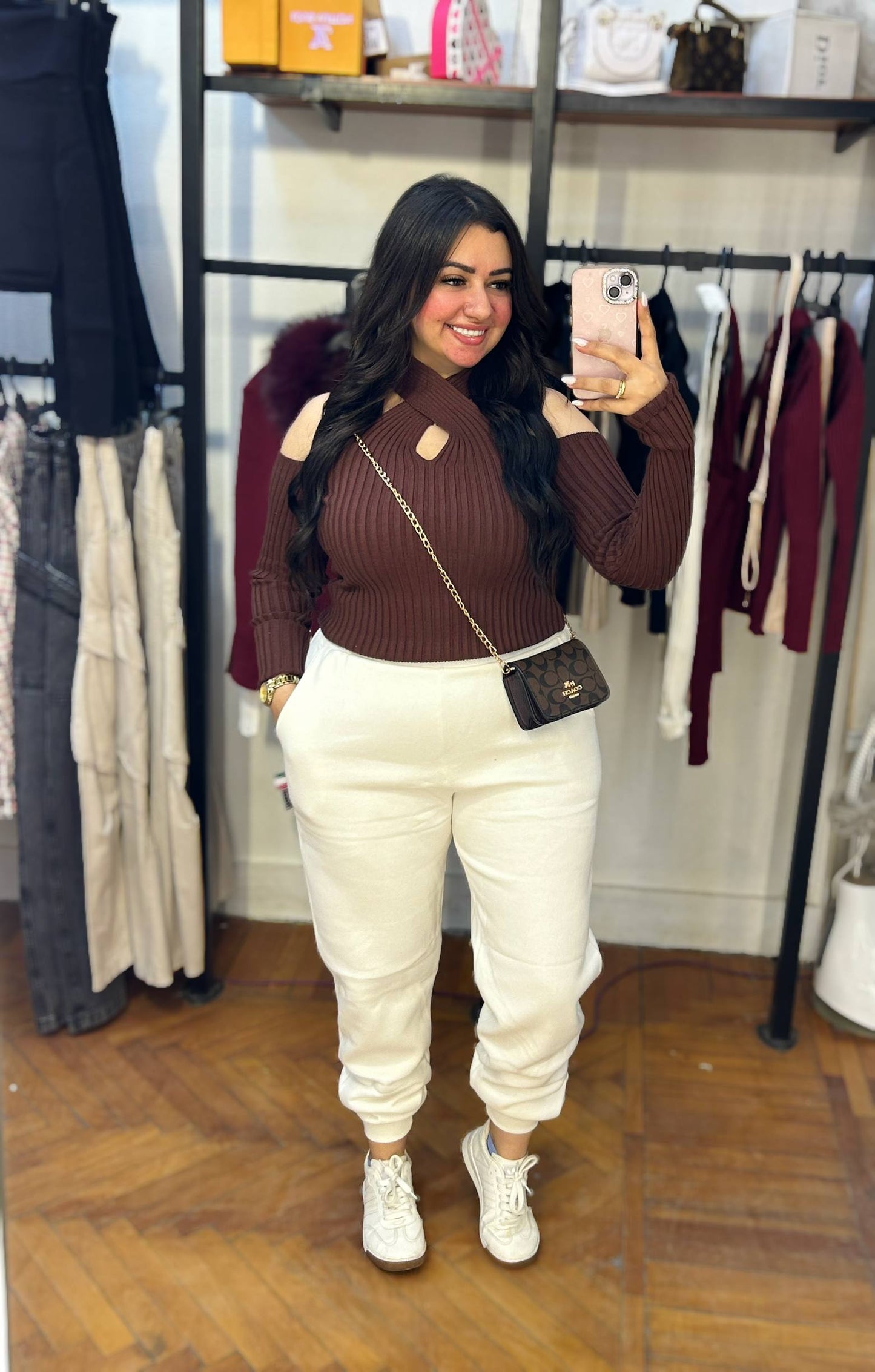 Basic Shoulder Top with Neckline Crisscross Detail