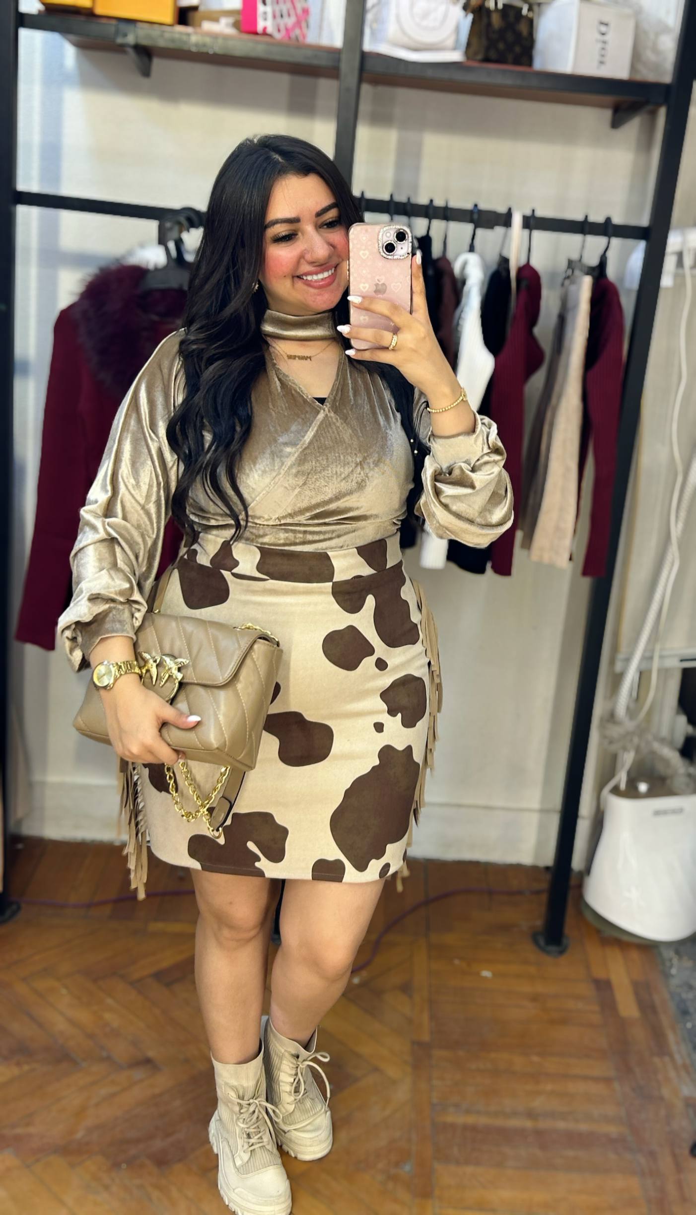 Cow-Print Fringe Mini Skirt