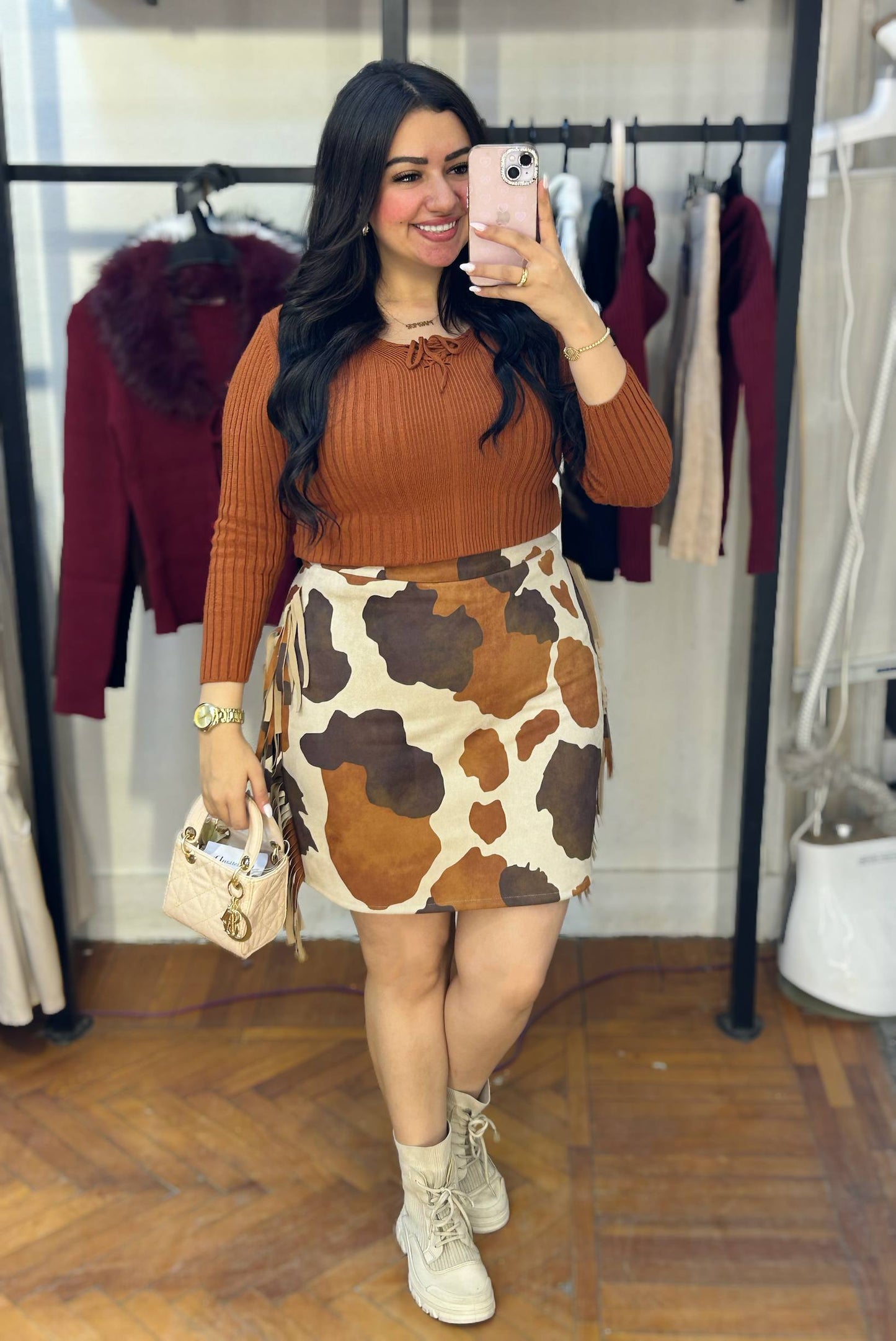 Cow-Print Fringe Mini Skirt
