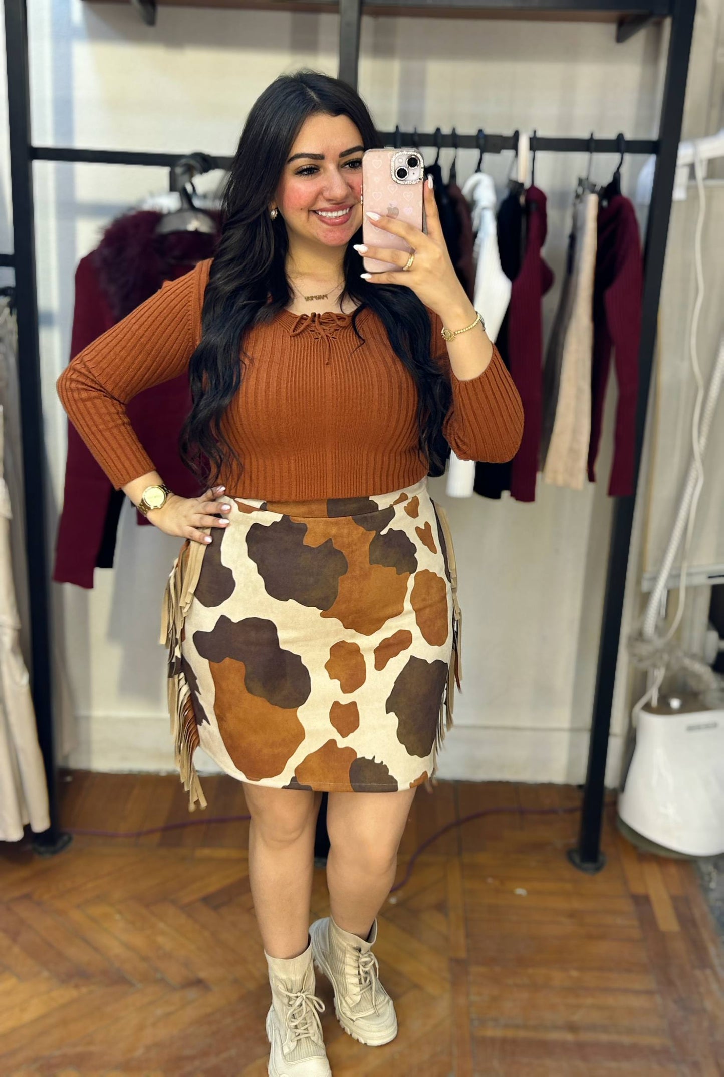 Cow-Print Fringe Mini Skirt