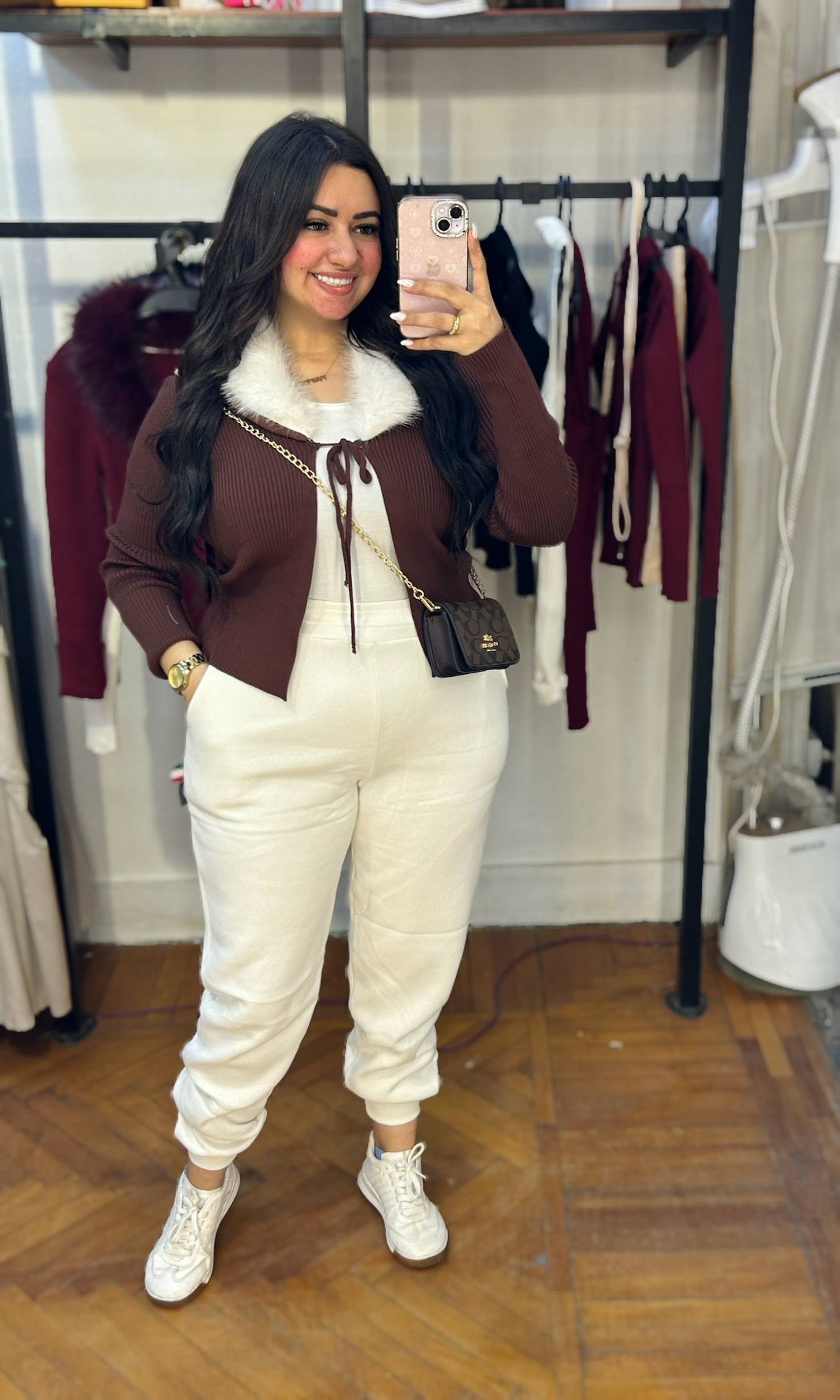 Short Knitted Cardigan with Faux Fur Collar