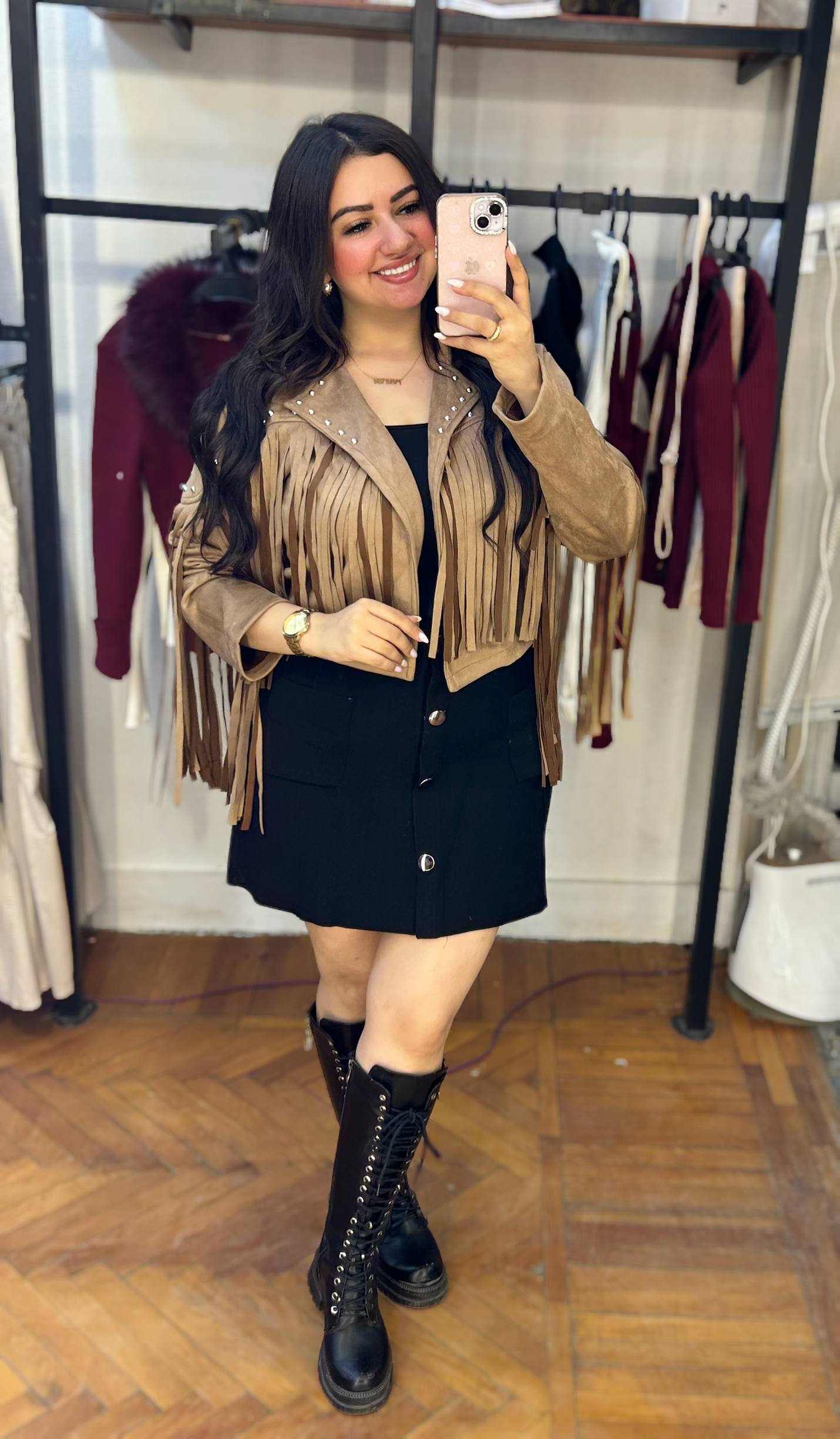 Suede Jacket with Fringe Details