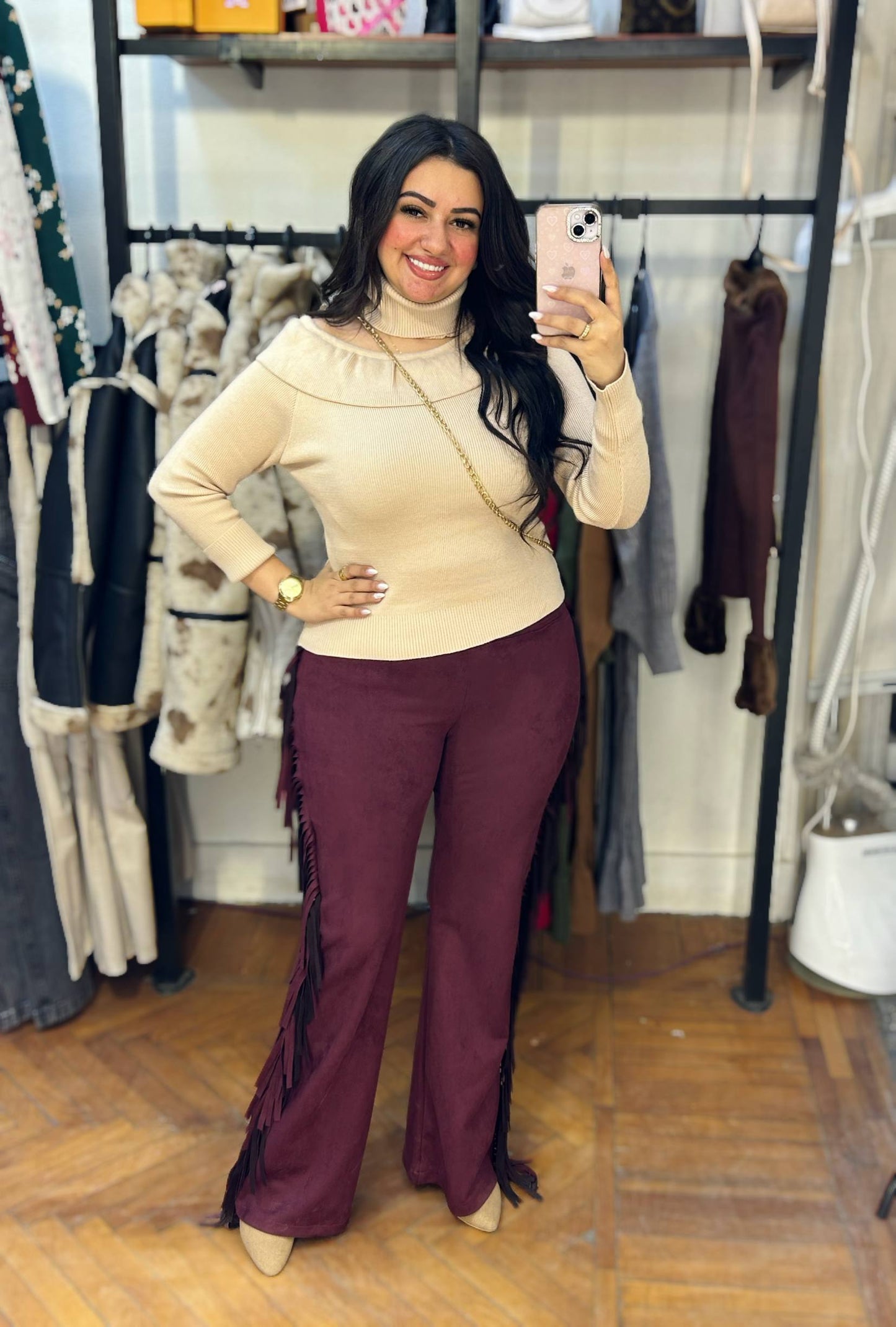Suede Cowboy-Style Flared Pants with Side Fringes