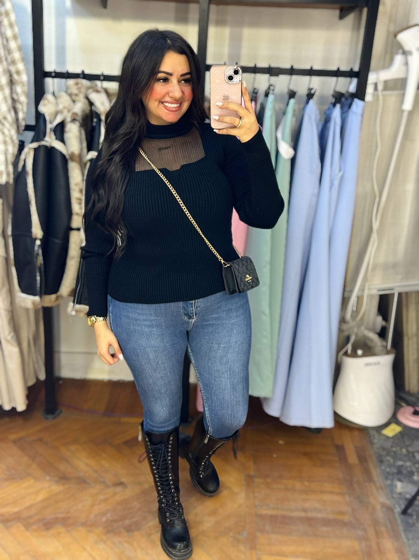 Basic Knit Top with Sheer Chiffon Panel