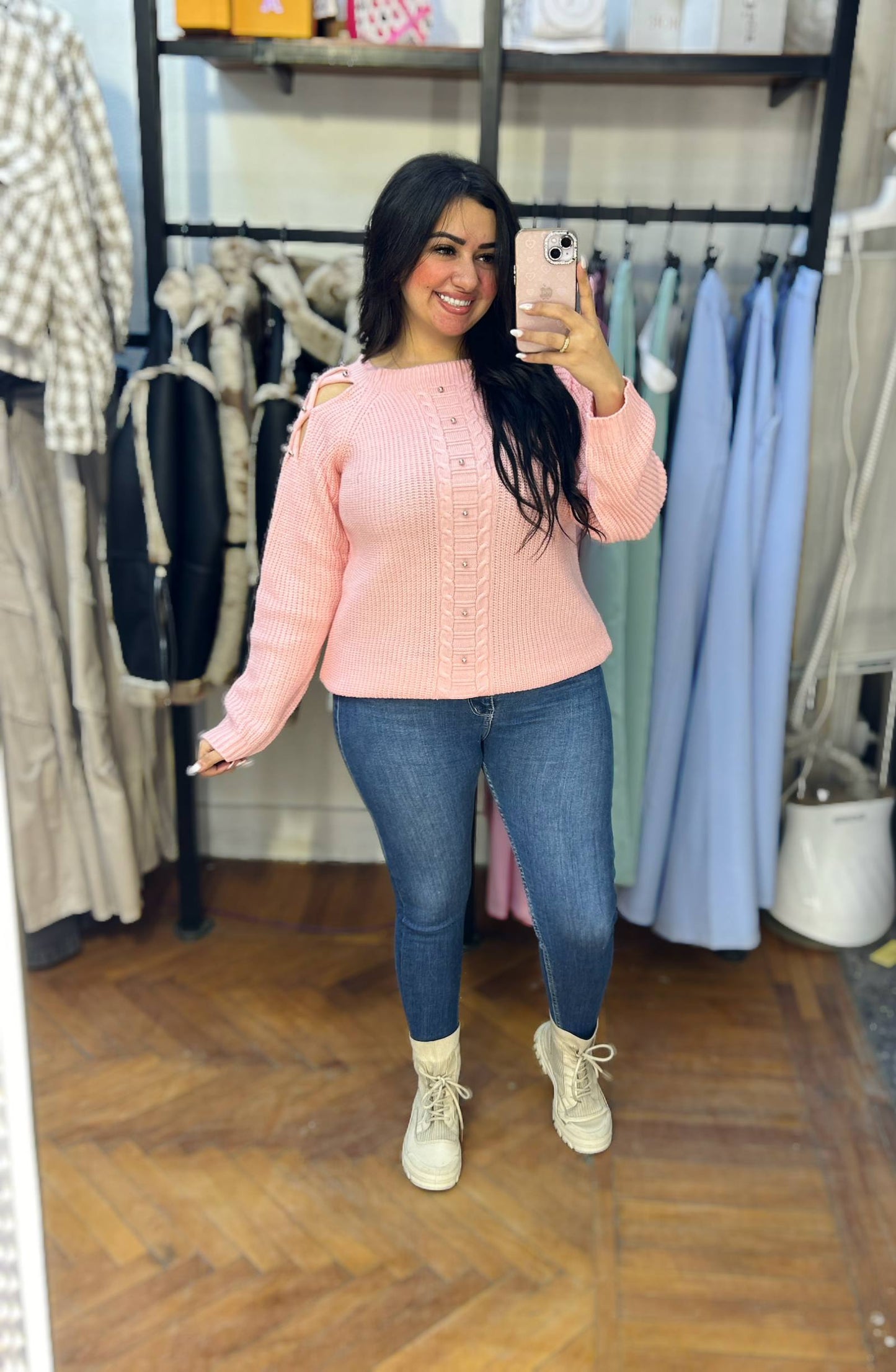 Pearl-Detail Sleeve Sweater