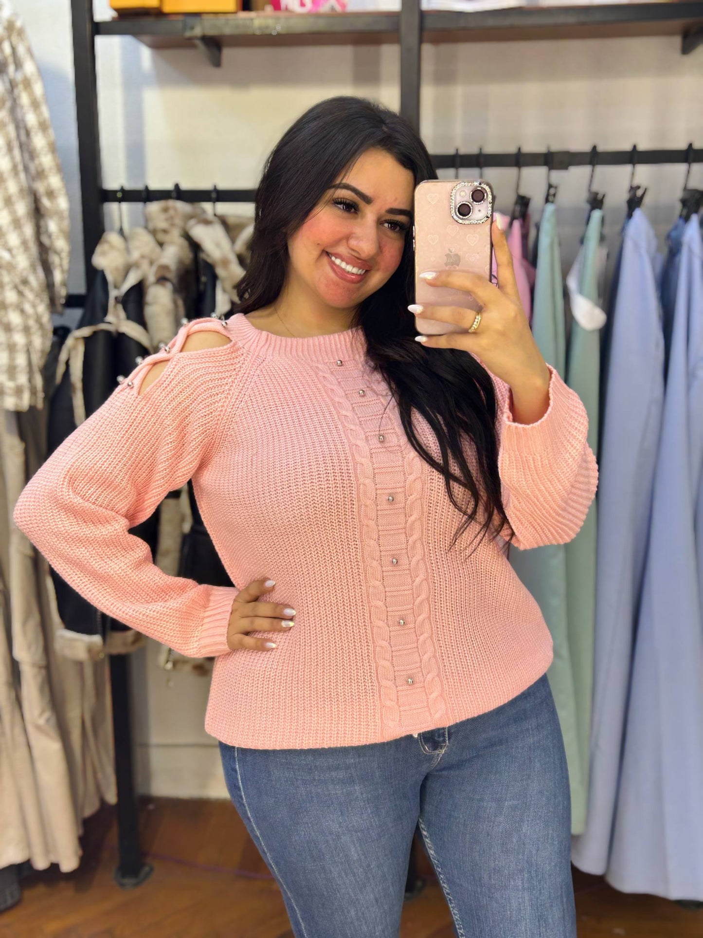 Pearl-Detail Sleeve Sweater