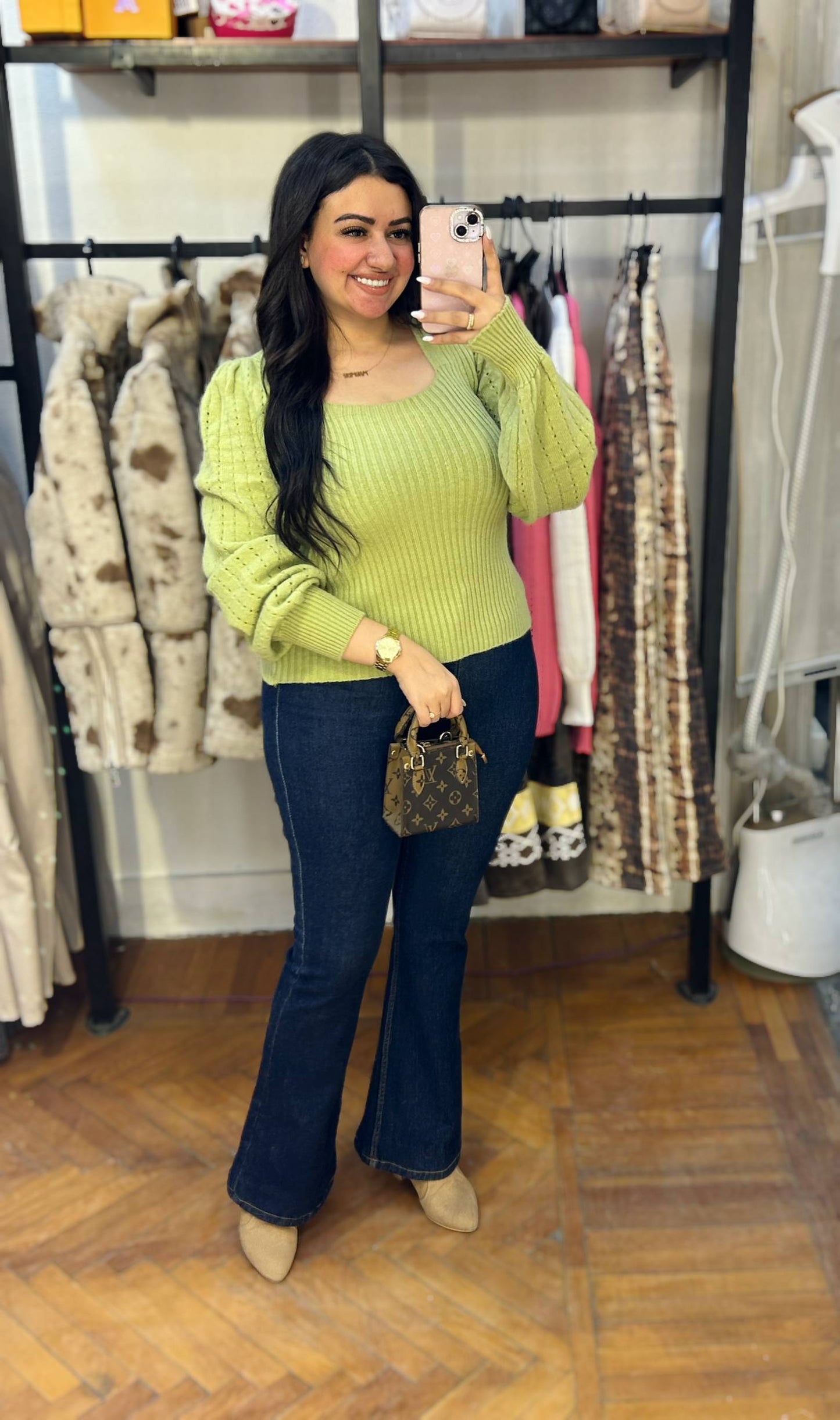 Basic Knitted Sweater with Puffed Openwork Sleeves