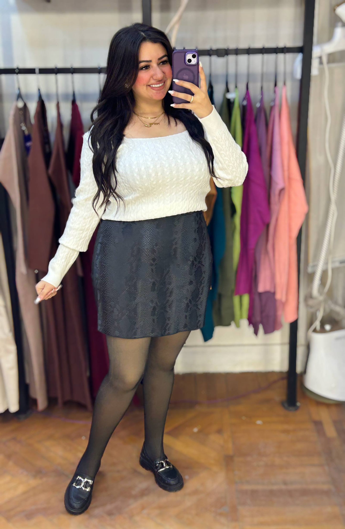 Cable-Knit Basic Top with Square Neckline
