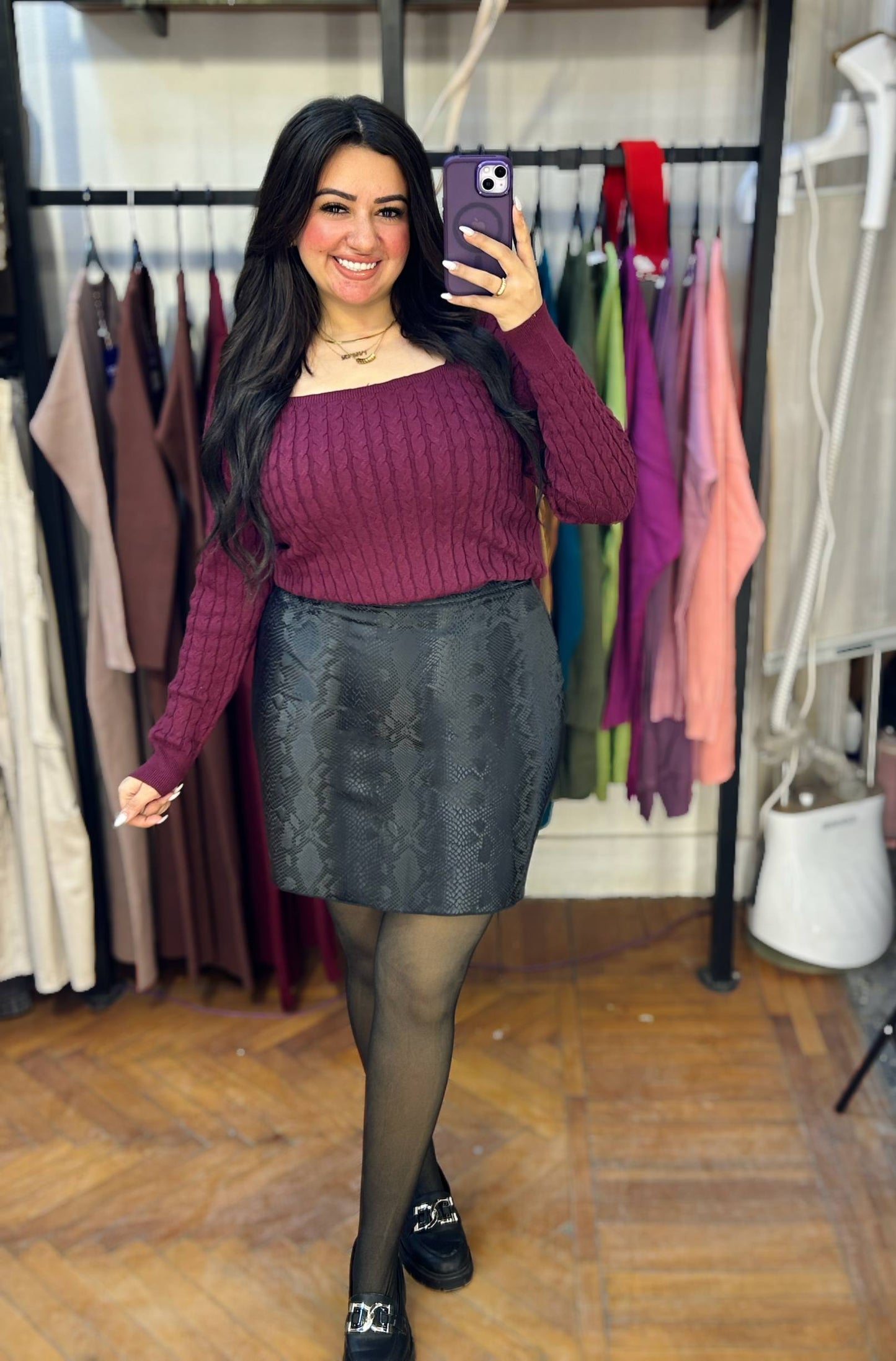 Cable-Knit Basic Top with Square Neckline
