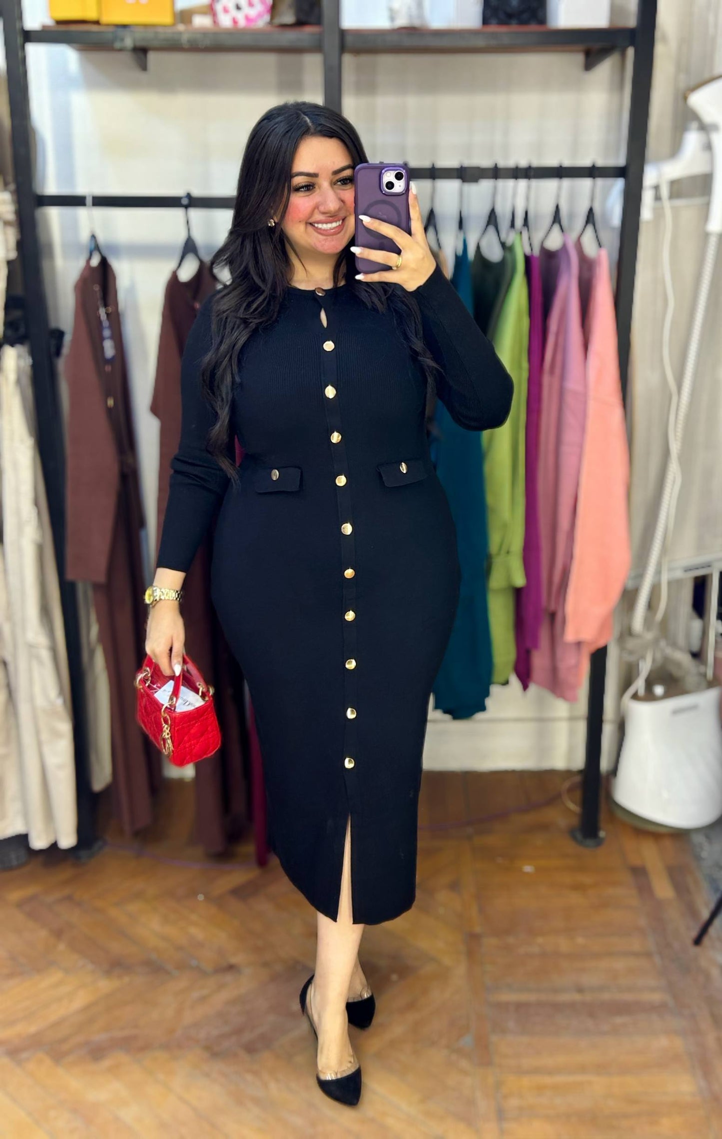 Knit Dress with Decorative Gold Buttons